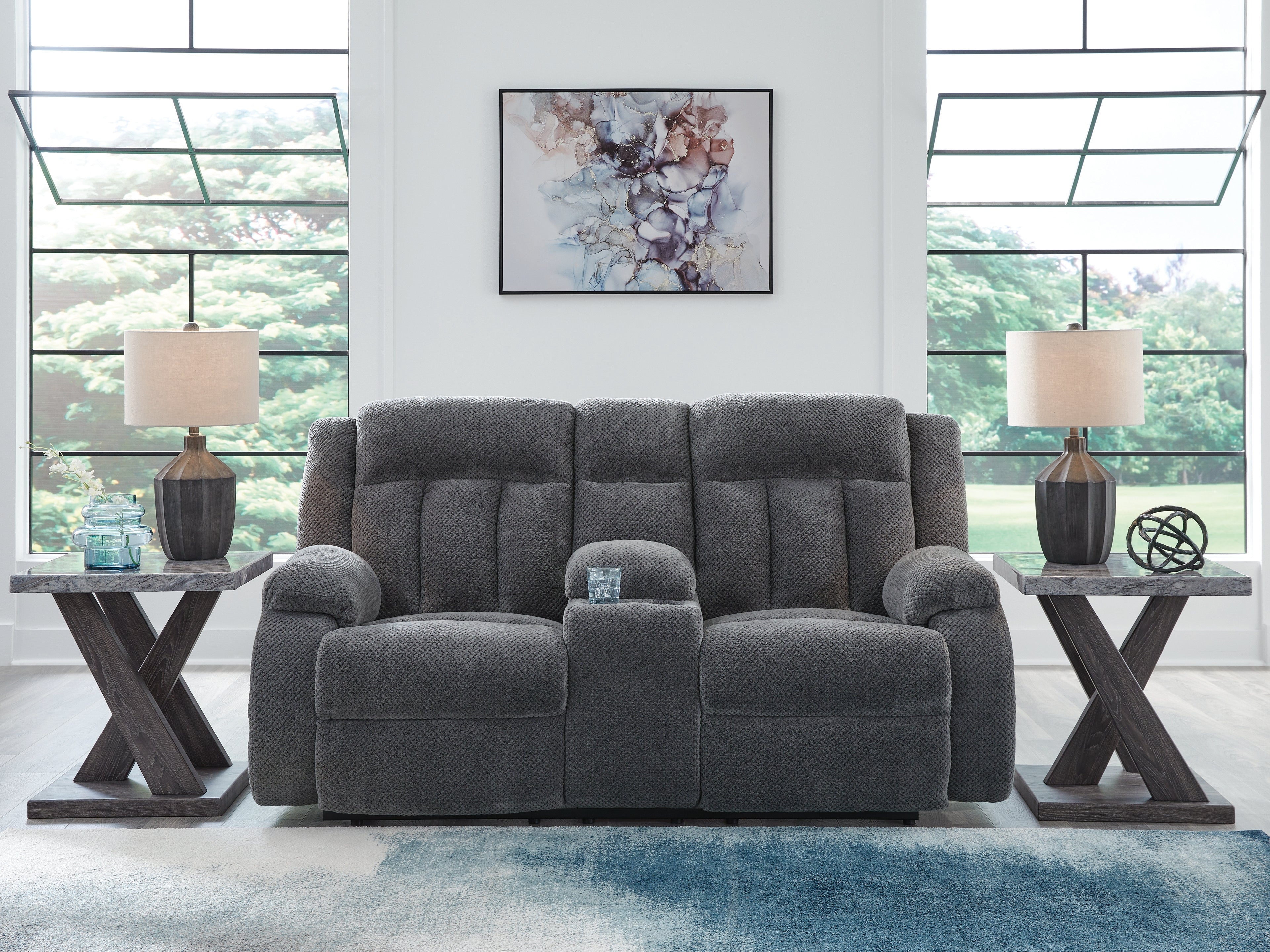 Tampa Furniture Outlet Lutz - Ashley Furniture - Observation Living Room - DBL REC PWR Loveseat w/Console / Steel - PC2140596