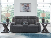 Tampa Furniture Outlet Lutz - Ashley Furniture - Observation Living Room - DBL REC PWR Loveseat w/Console / Steel - PC2140596