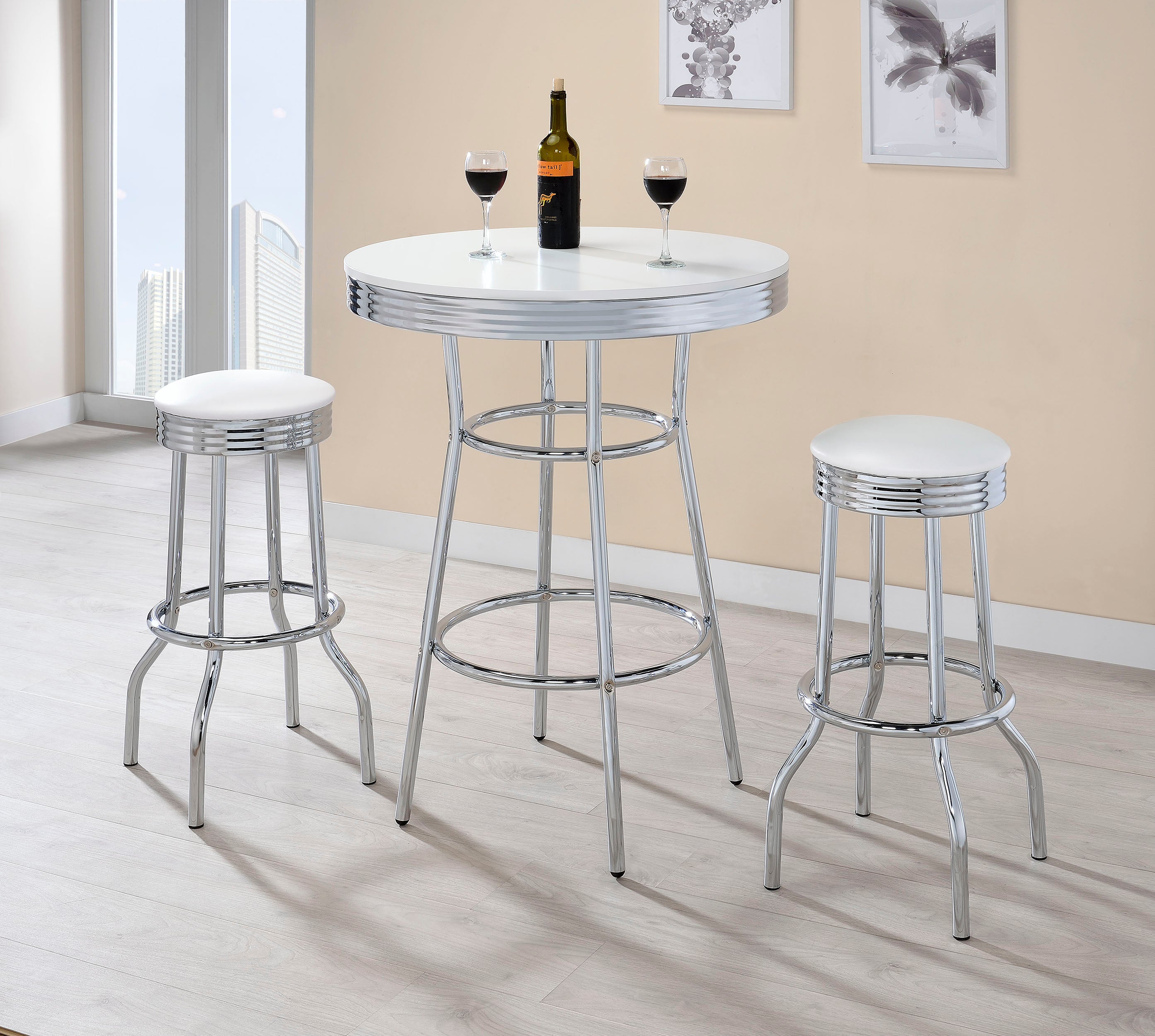 Tampa Furniture Outlet - Coaster - Retro 3-piece Round 1950s Bistro Pub Bar Table Set White - 2300-S3