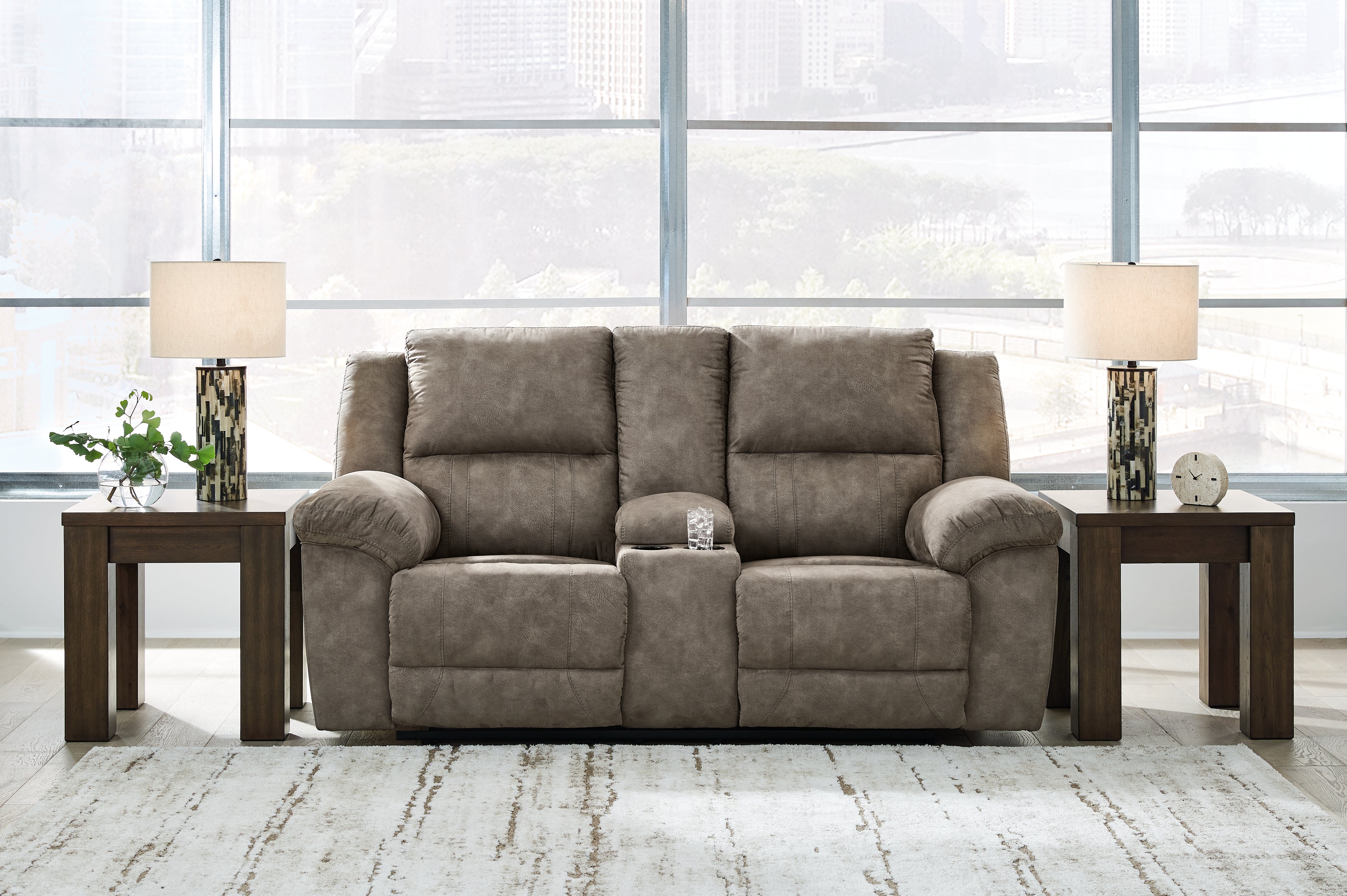 Tampa Furniture Outlet Lutz - Ashley Furniture - Laresview Living Room - DBL Rec Loveseat w/Console / Fossil - 3720394