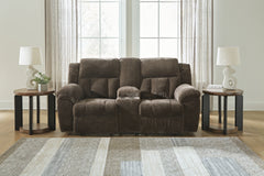 Tampa Furniture Outlet Lutz - Ashley Furniture - Frohn Living Room - DBL Rec Loveseat w/Console / Chocolate - 3740794