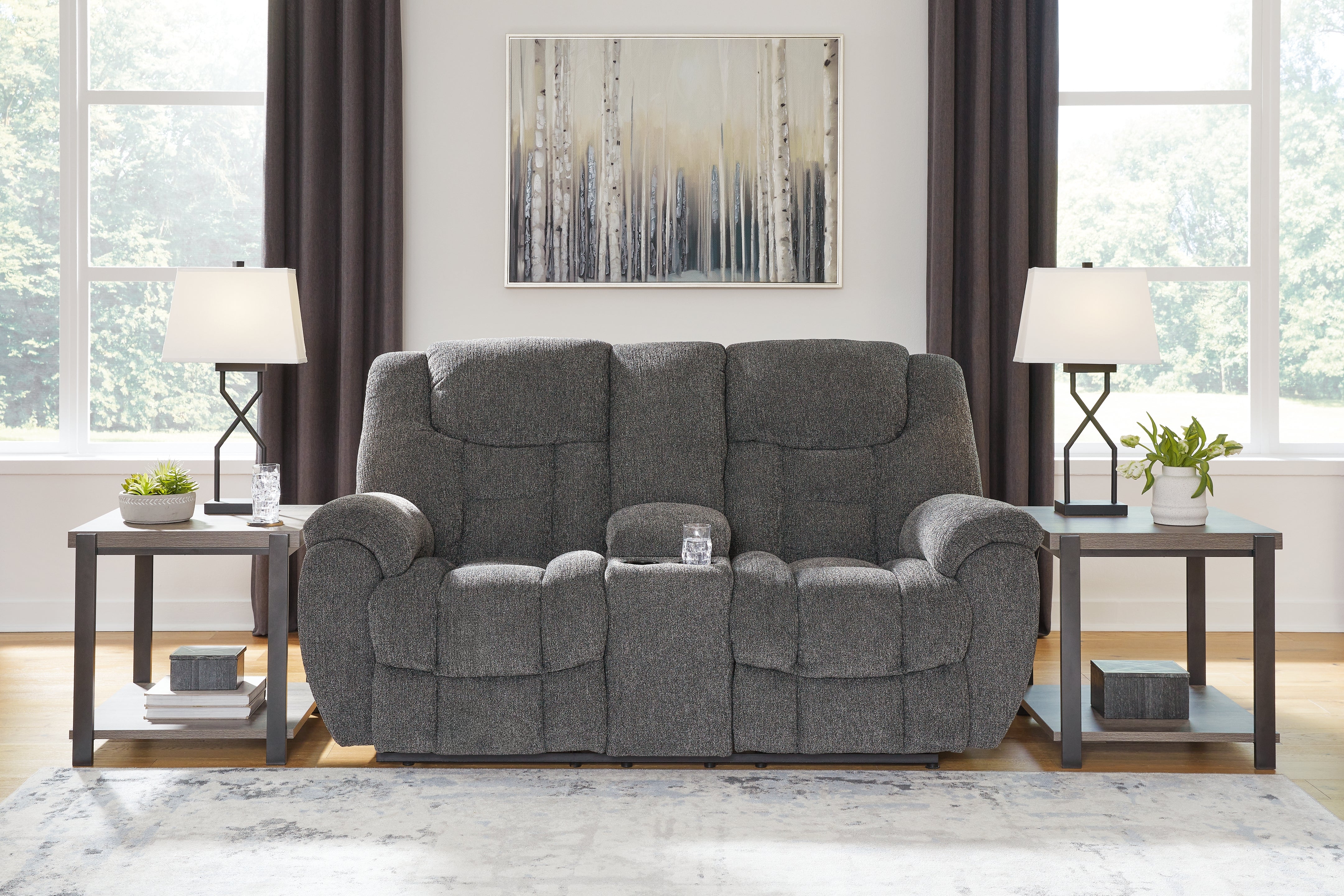 Tampa Furniture Outlet Lutz - Ashley Furniture - Foreside Living Room - DBL Rec Loveseat w/Console / Charcoal - 3810494