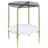Tampa Furniture Outlet - Coaster - Jonelle Round Glass Top End Table White Marble Shelf Gold - 710337