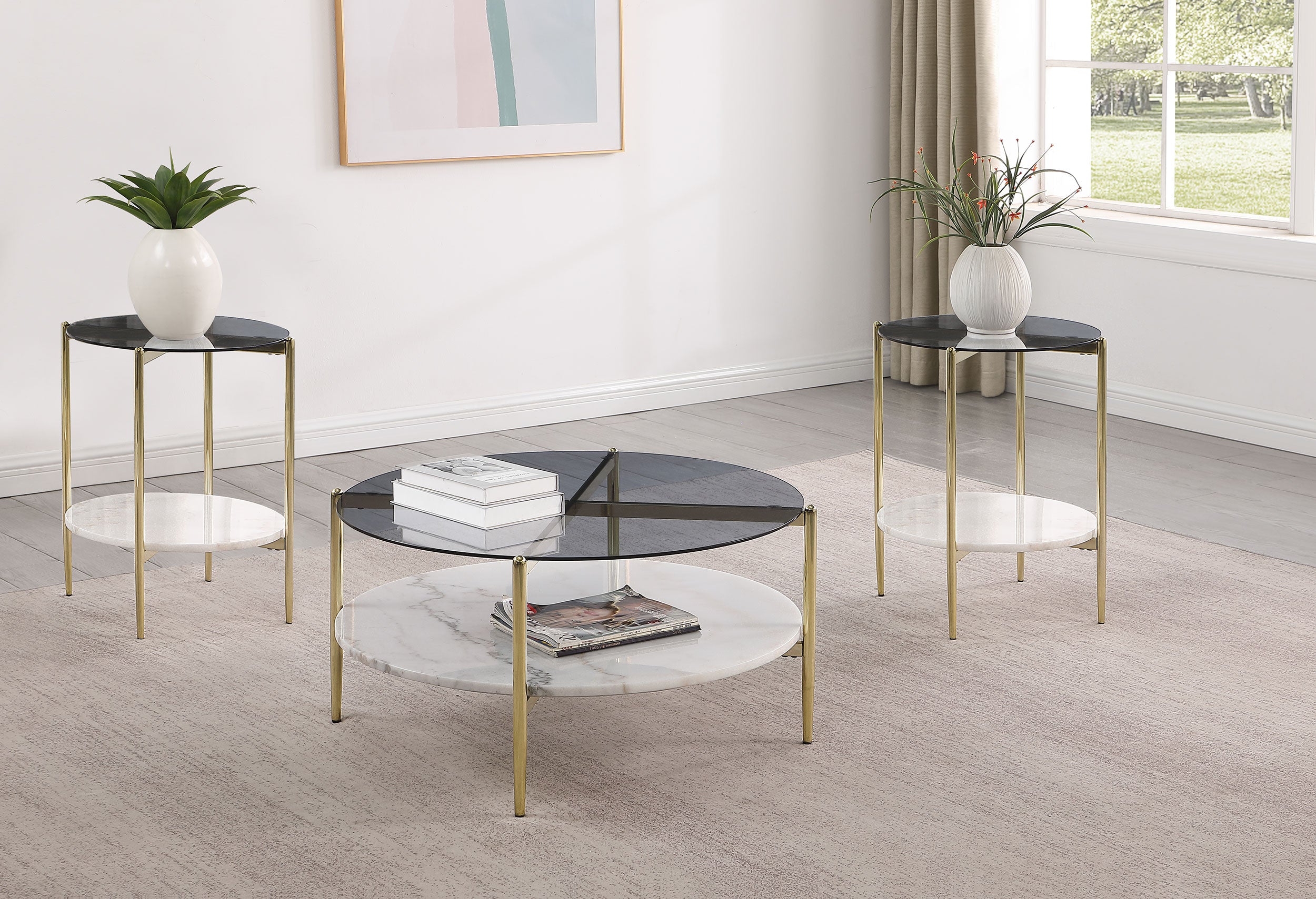 Tampa Furniture Outlet - Coaster - Jonelle 3-piece Round Coffee and End Table Set Gold - 710338-S3
