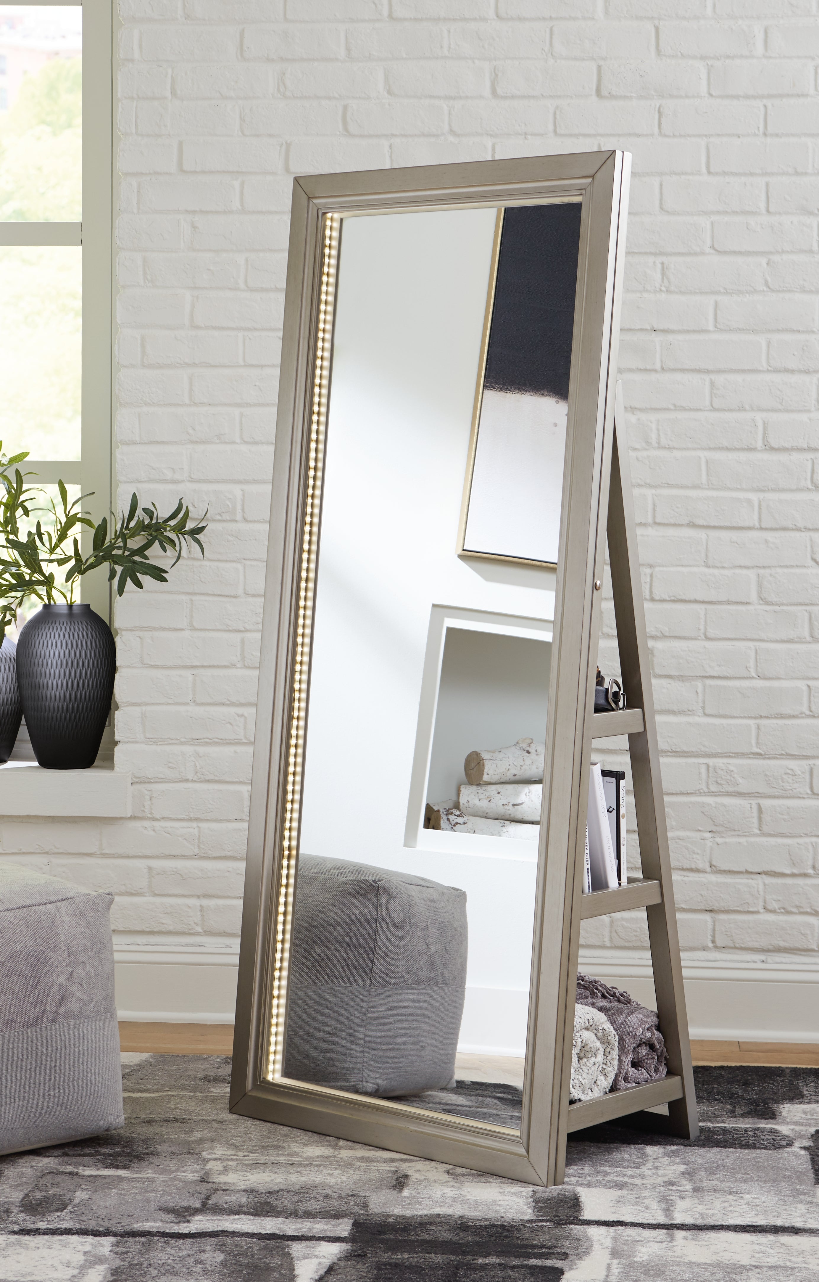 Tampa Furniture Outlet Lutz - Ashley Furniture - Evesen Mirror - Floor Standing Mirror/Storage / Champagne - A8010379