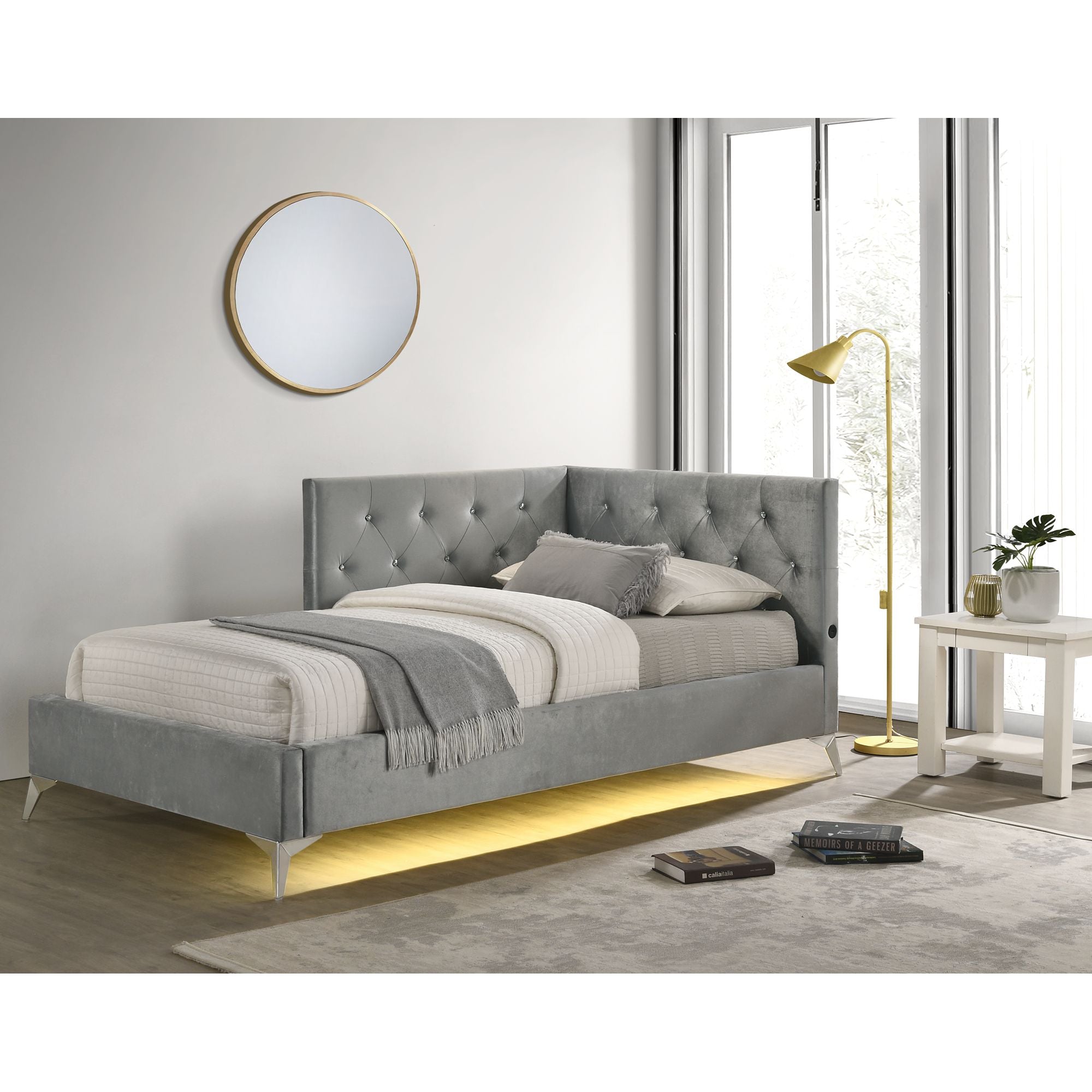 Amberley Twin UPH Corner Bed with LED and USB in Grey – SKU B-480-3-TCB | Elements