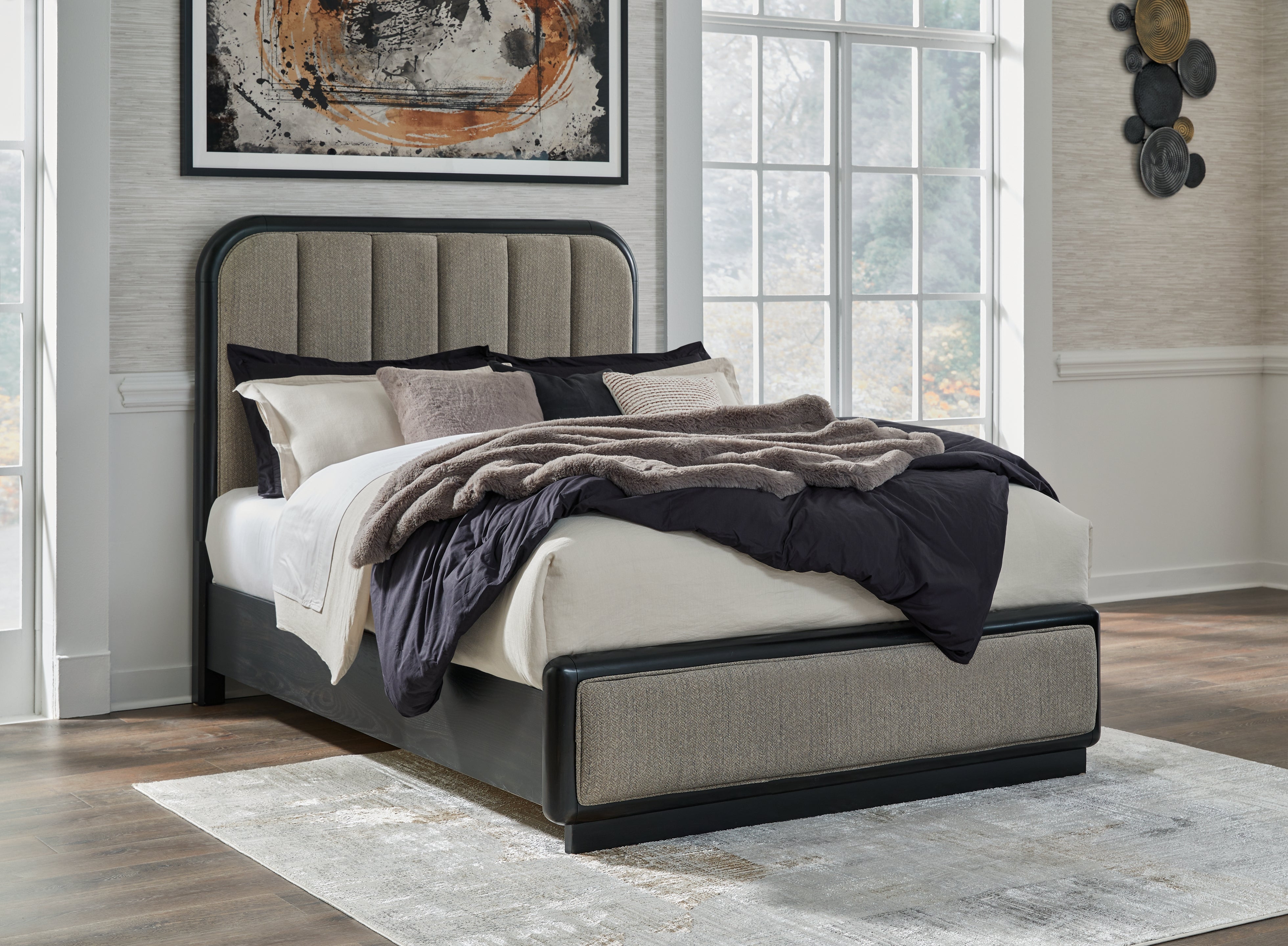 Tampa Furniture Outlet Lutz - Ashley Furniture - Rowanbeck Bedroom - Queen Upholstered Panel Bed / Gray/Black - B821B2