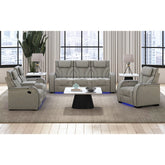 Blitz Motion Loveseat with Console, and LED in Simba Taupe and Black Welt – SKU U-19190-11107-285 | Elements