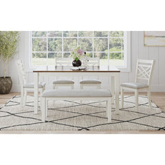 Brooks 6PC Dining Set with Table, 4 Wood Back and UPH Seat Chairs, and Bench in Medium Brown & White – SKU D-16720-7-6DS3 | Elements