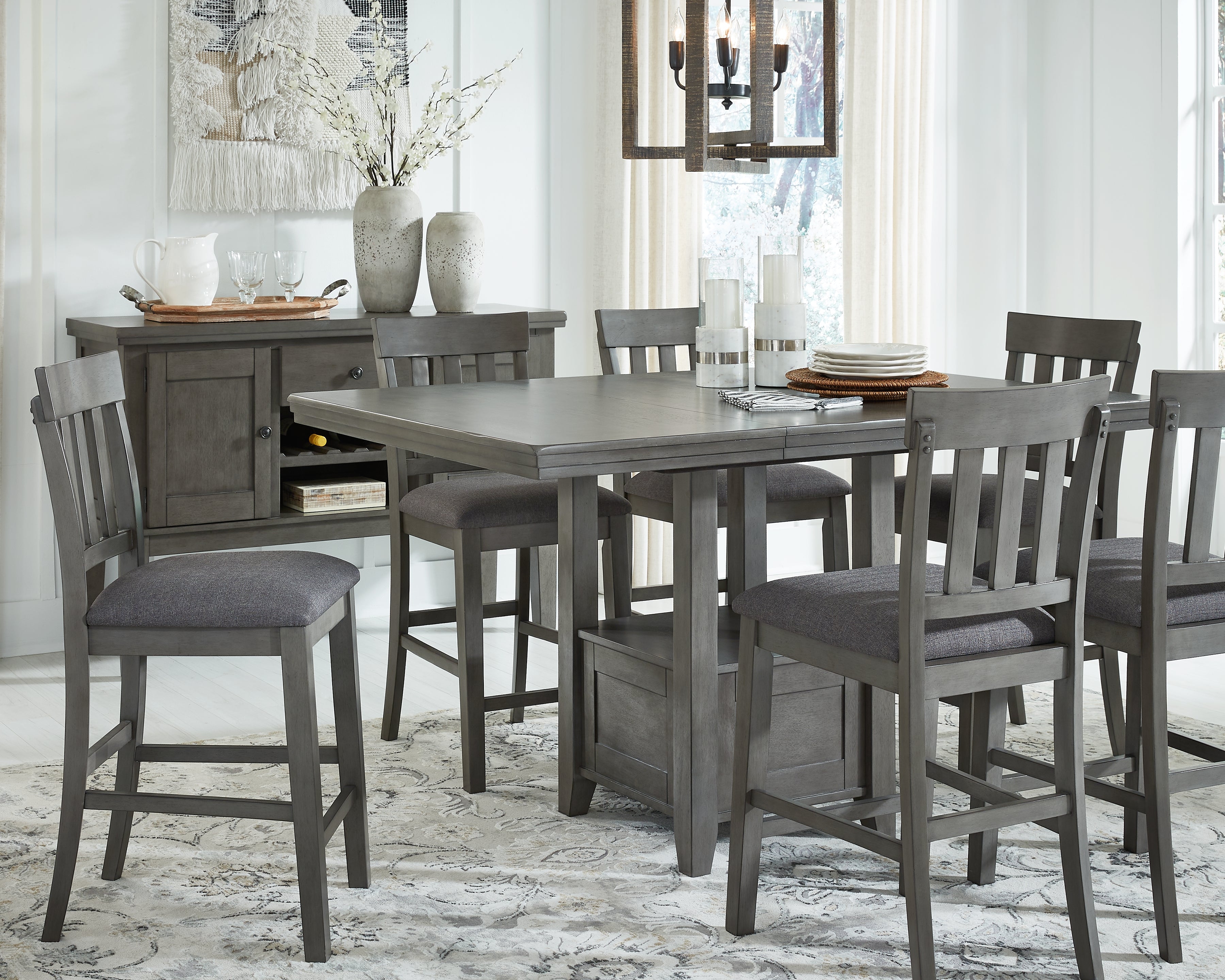 Tampa Furniture Outlet Lutz - Ashley Furniture - Hallanden Dining Room - RECT DRM Counter EXT Table / Gray - D589-42