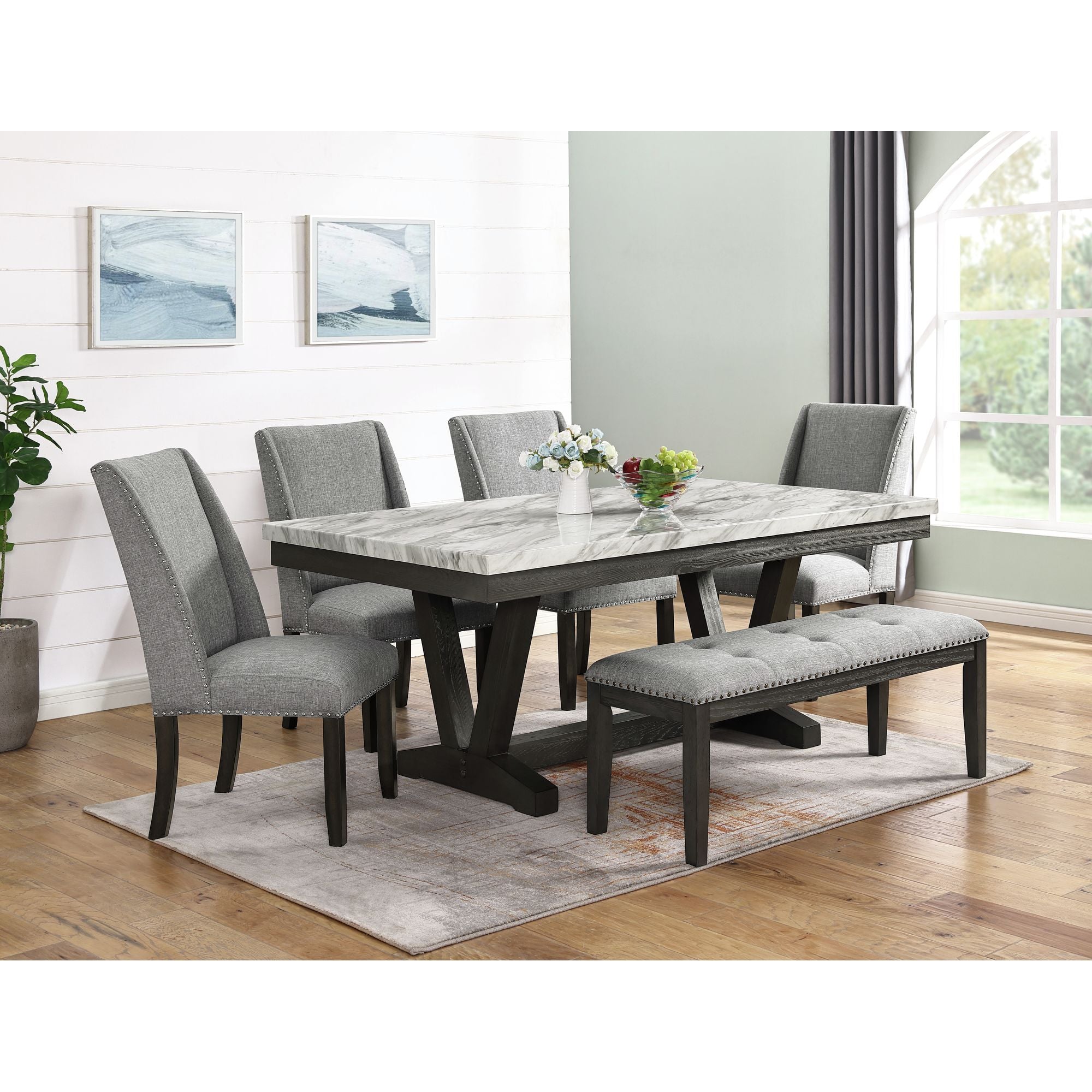 Everdeen Bench w/ Grey Fabric and Nail Heads in Charcoal – SKU D-4930-7-BN | Elements