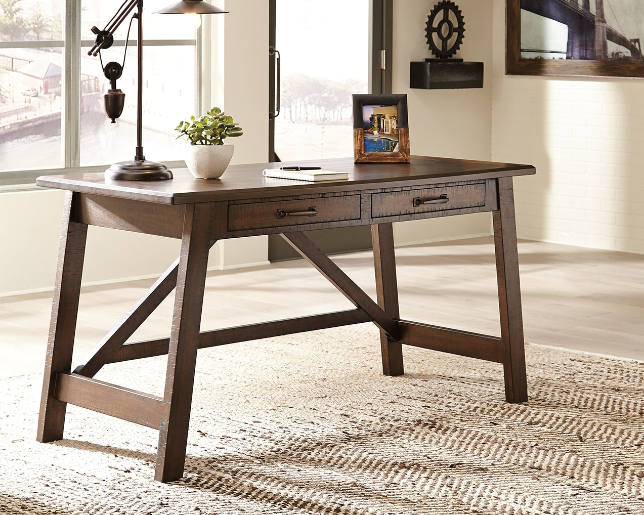 Tampa Furniture Outlet Lutz - Ashley Furniture - Baldridge Office Desk - Home Office Large Leg Desk / Rustic Brown - H675-44