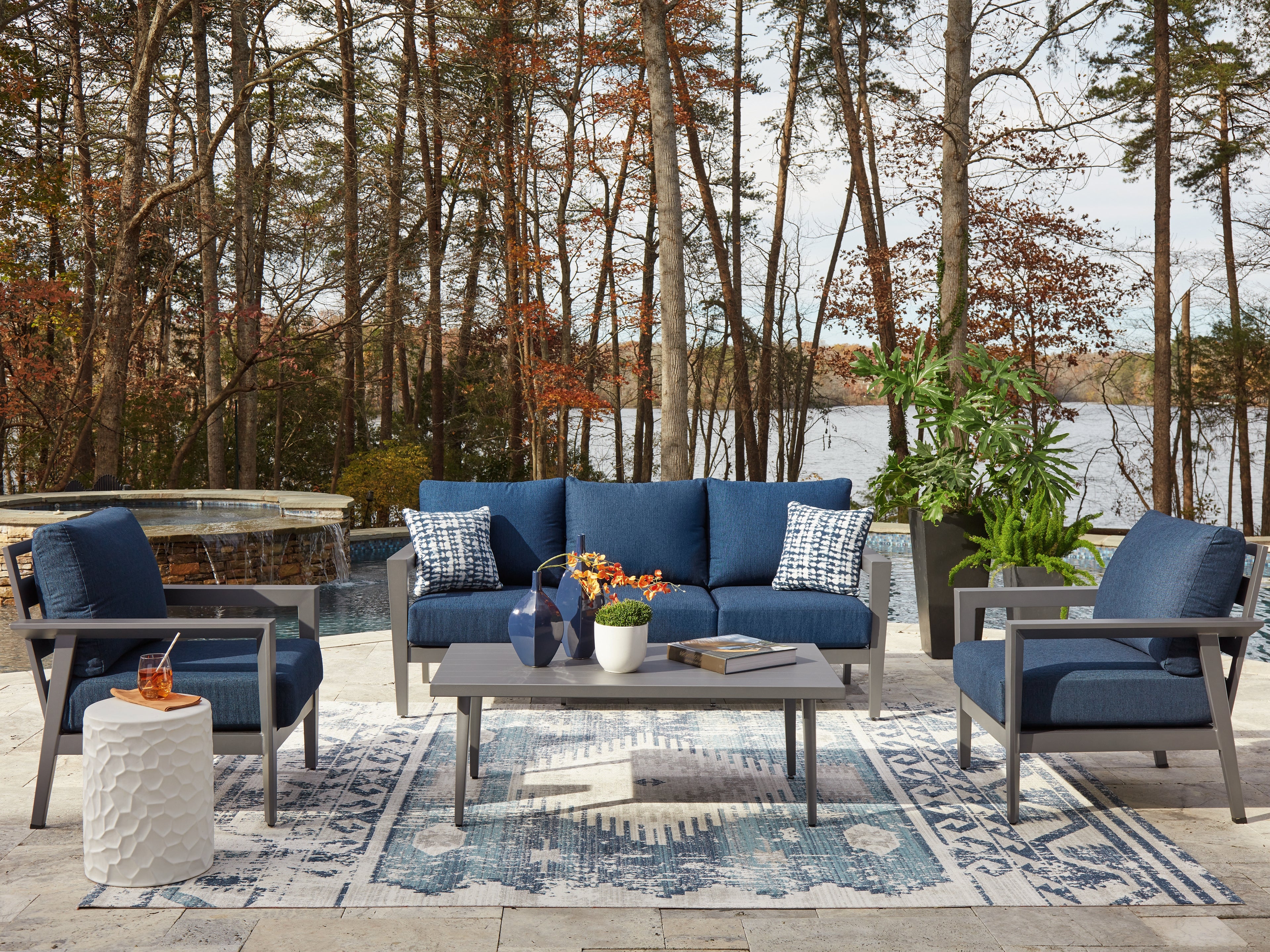 Tampa Furniture Outlet Lutz - Ashley Furniture - Gali Outdoor - Sofa/Chairs/Table Set (4/CN) / Gray/Blue - P275-081
