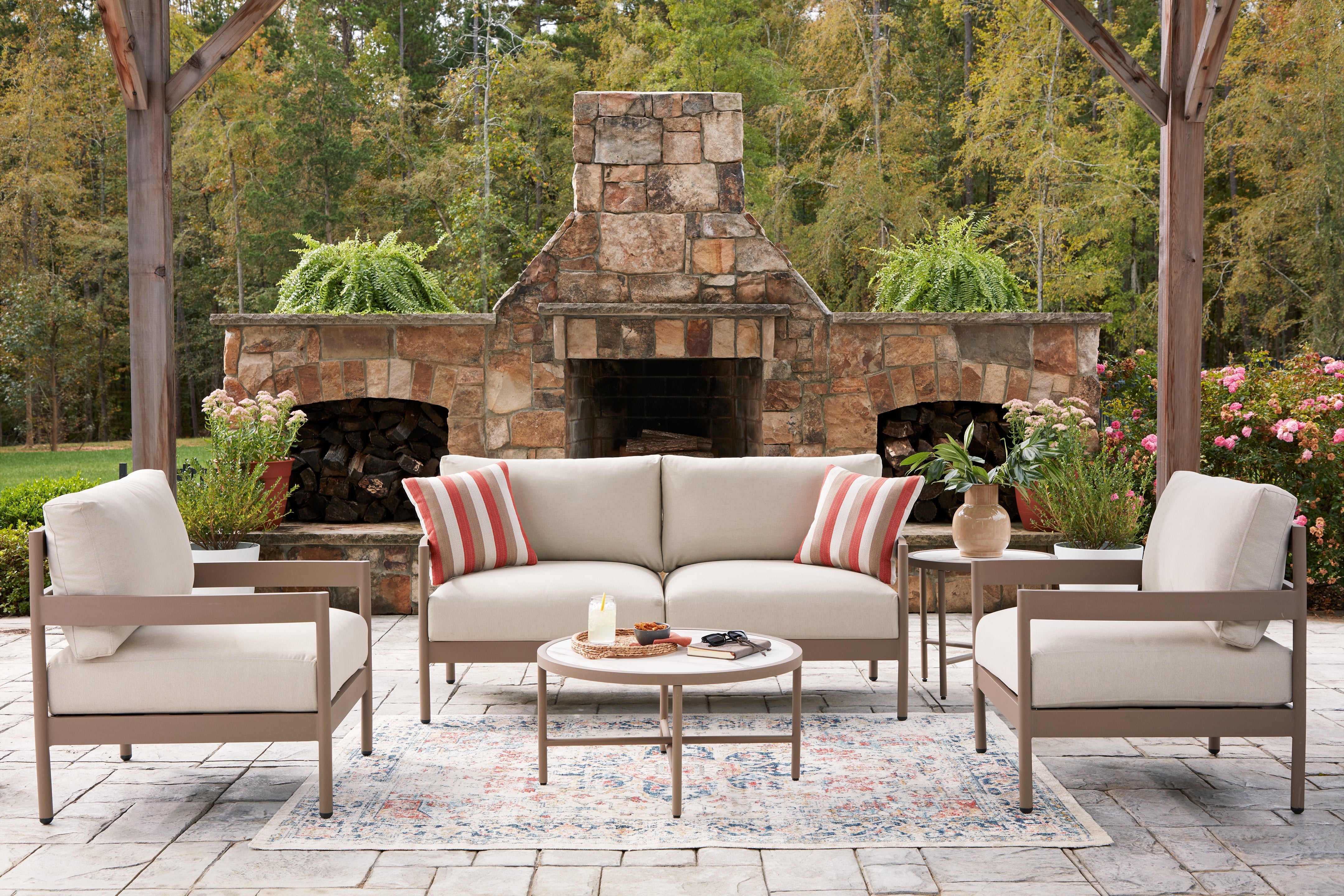 Tampa Furniture Outlet Lutz - Ashley Furniture - Bluff Trail Outdoor - Love/Chairs/Tables Set (5/CN) - PCP383-080