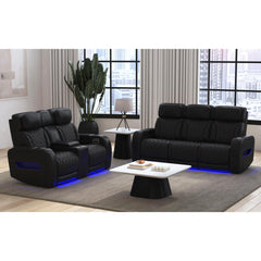 Prime Time P3 Loveseat with LED, wireless charger pocket, and Console in Jett Black with Red Stitching