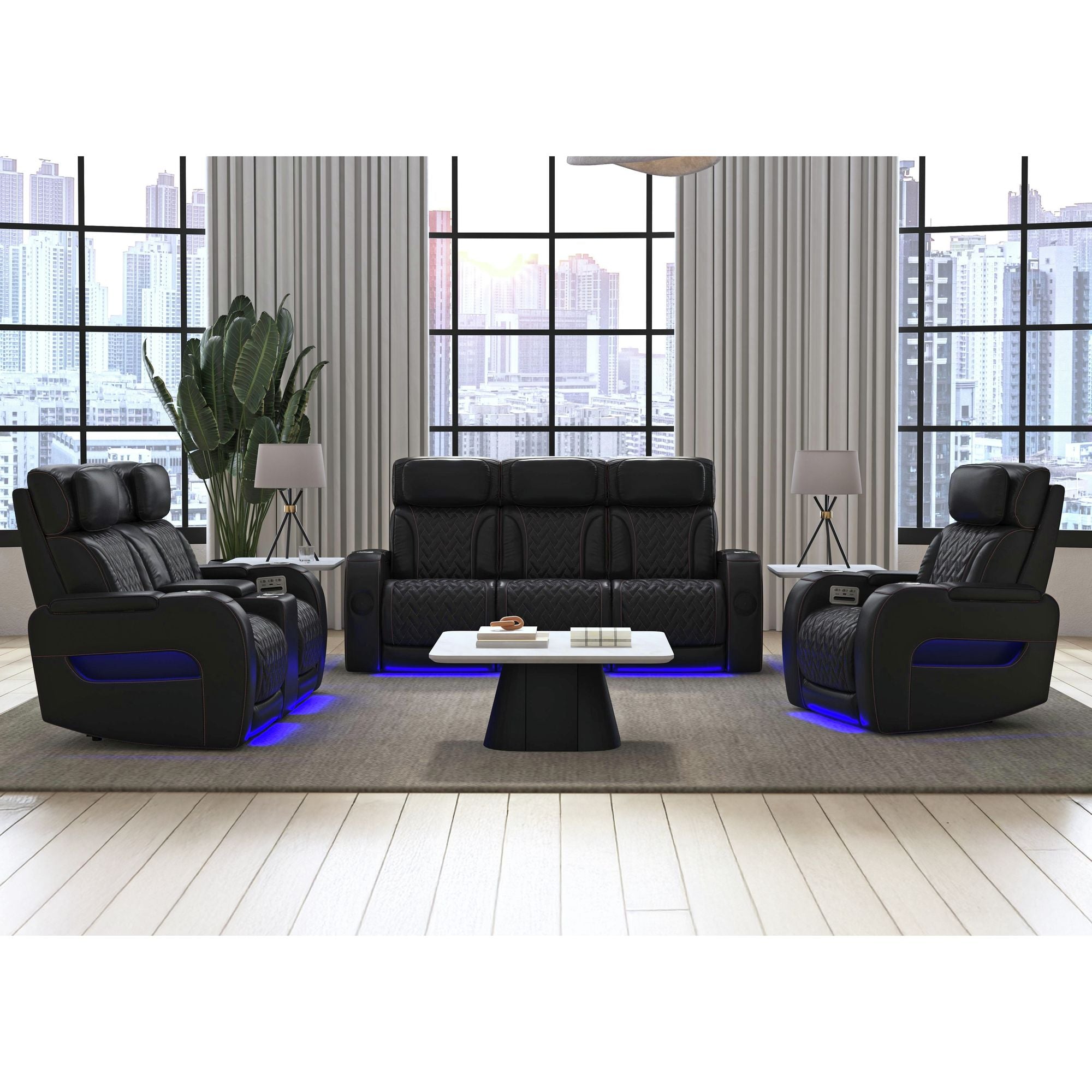 Prime Time P3 Sofa with I Table, reading light, heat, massage, LED, and speaker in Jett Black with Red Stitching – SKU U-16330-10450-308PPPR | Elements