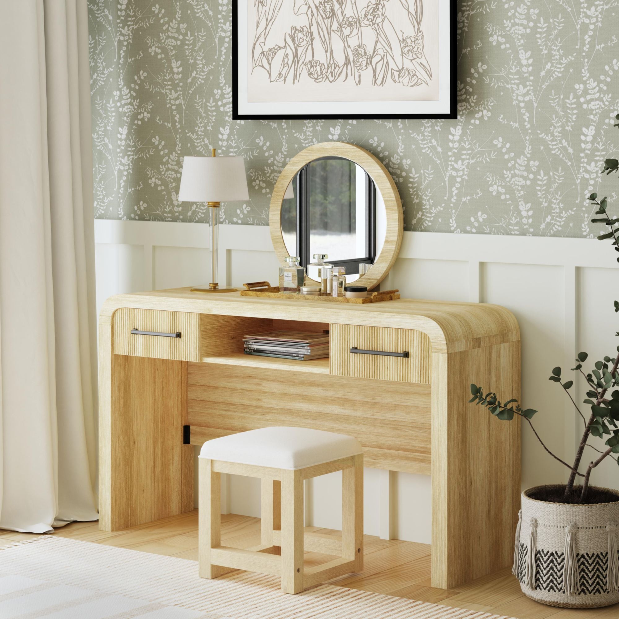 Ridgemont Dressing Stool with White Fabric in Natural – SKU V-14440-6-DST | Elements