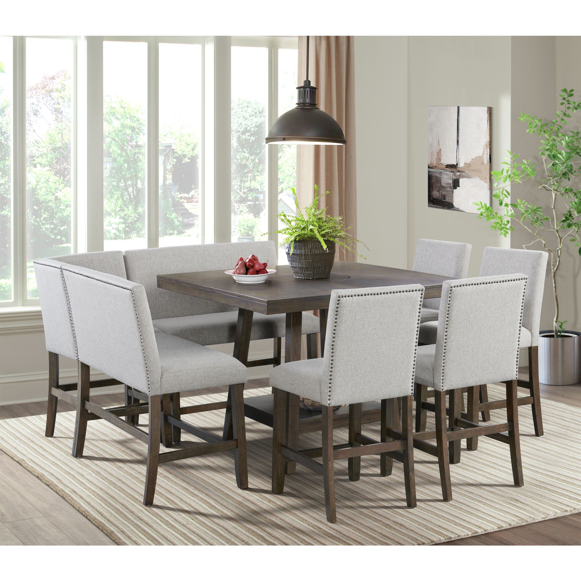 Seneca Counter 3PC Corner Bench with Grey Fabric in Brown – SKU D-7670-5-CCBNC | Elements