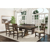 Stone 6PC Dining Set in Charcoal - Table, 4 Wooden Swril Back Side Chairs, & Pew Bench – SKU DST150SB6PC | Elements