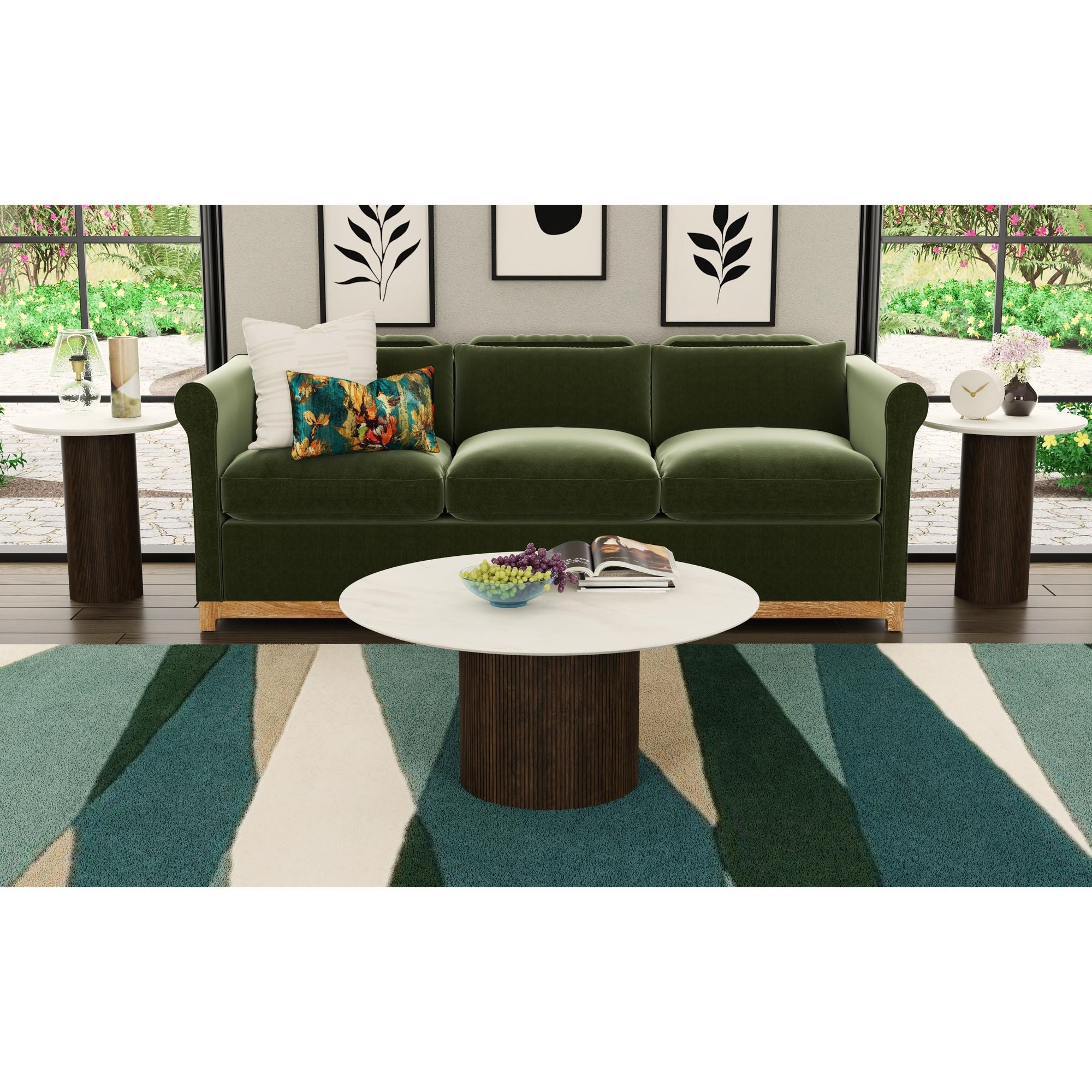 Sylvie Round Coffee Table with White Faux Marble Top and Base in Dark Brown – SKU T-16000-5-RCT | Elements