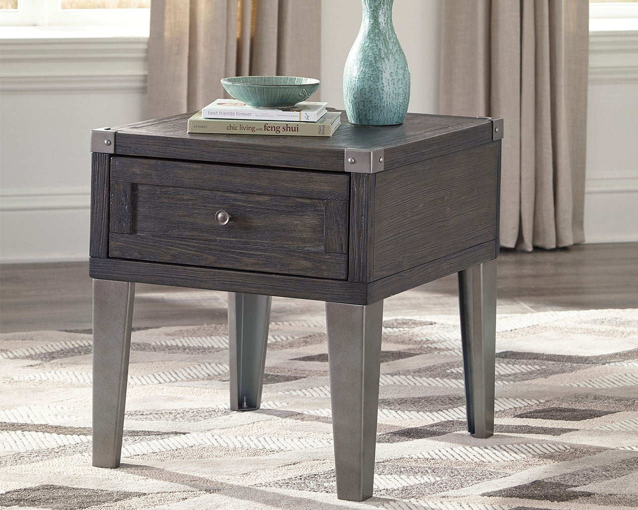 Tampa Furniture Outlet Lutz - Ashley Furniture - Todoe End Table with USB Ports & Outlets - Rectangular End Table / Dark Gray - T901-3