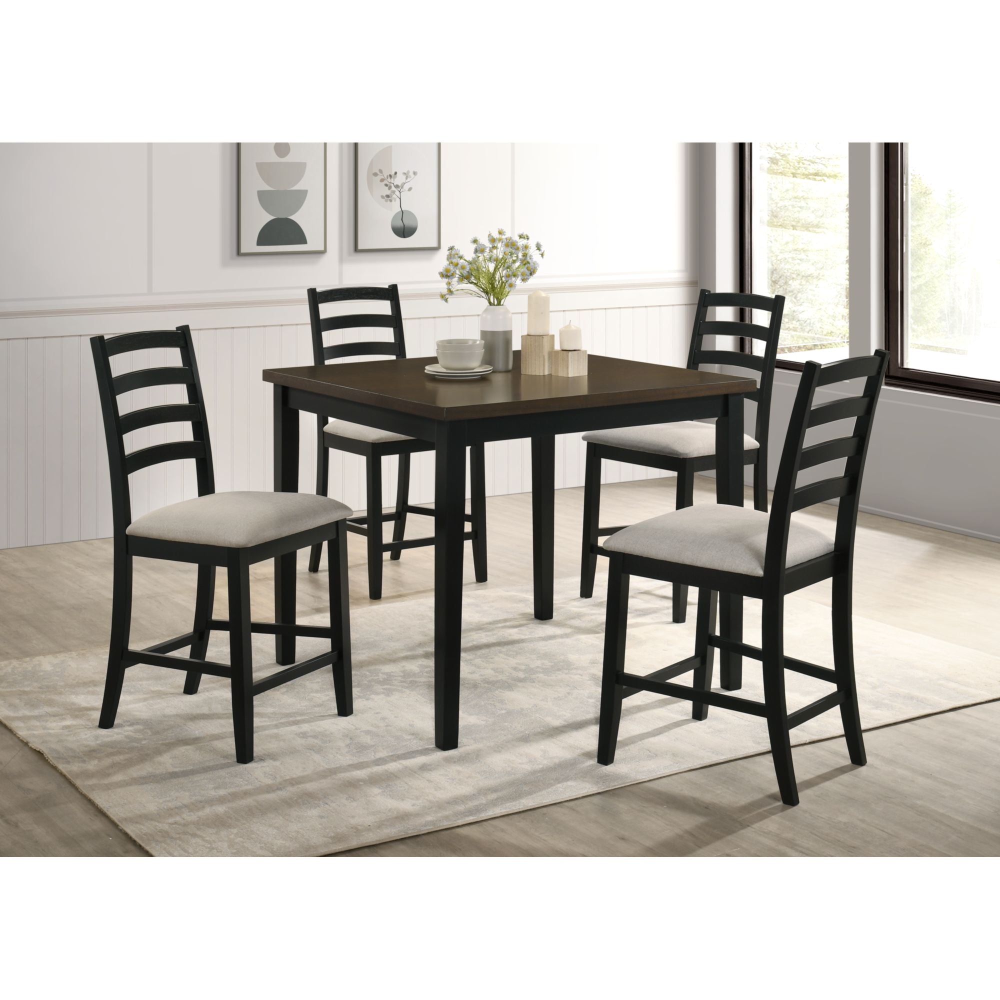 Tulane 5pc Counter Table & 4 Counter Chairs with Beige Fabric in Oak & Black – SKU D-14460-8-5CS | Elements