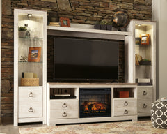 Tampa Furniture Outlet Lutz - Ashley Furniture - Willowton 4-Piece Entertainment Center with Electric Fireplace - 4-Piece Entertainment Center with Electric Fireplace / Whitewash - W267W9
