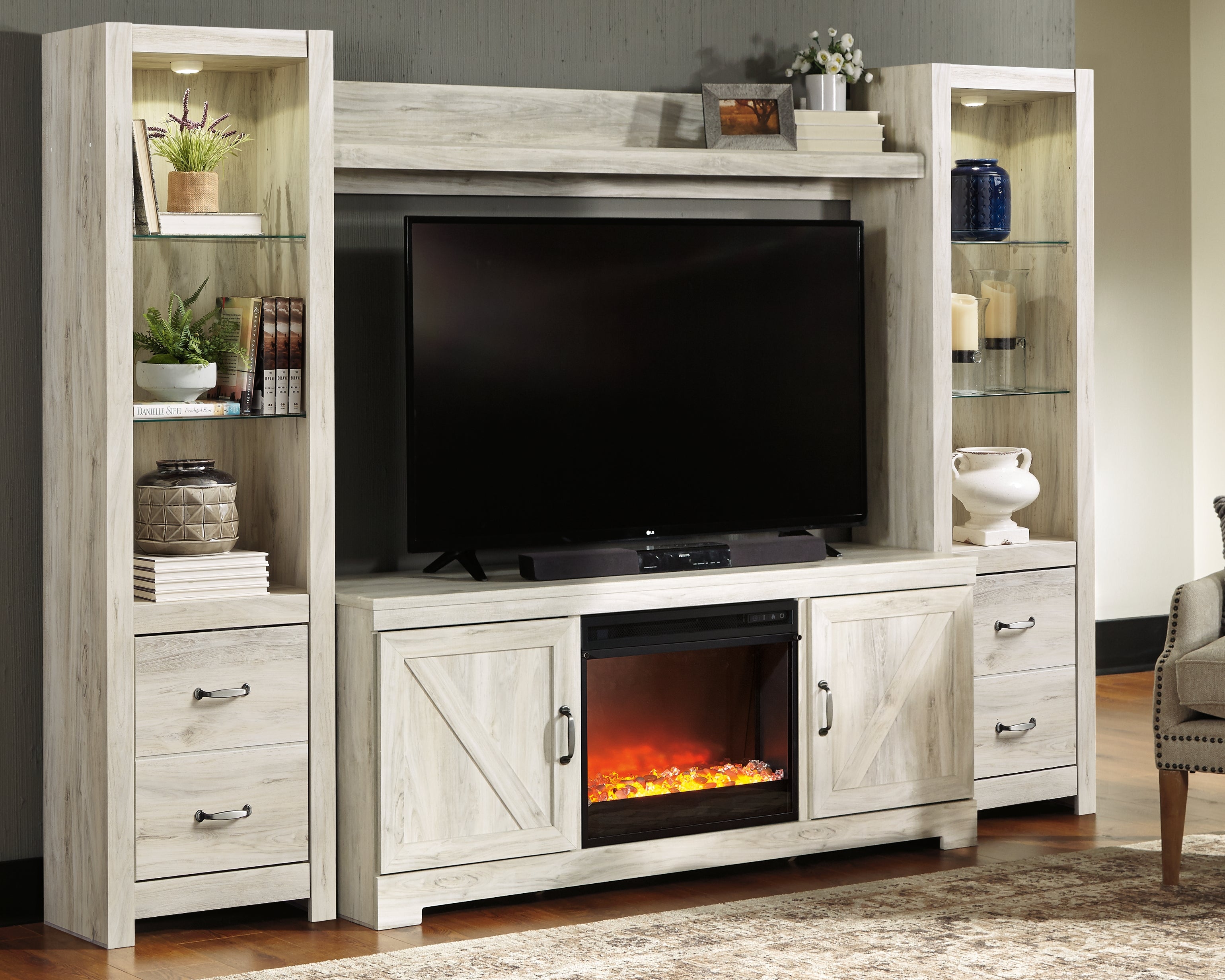 Tampa Furniture Outlet Lutz - Ashley Furniture - Bellaby 4-Piece Entertainment Center with Fireplace - 4-Piece Entertainment Center with Fireplace / Whitewash - W331W5