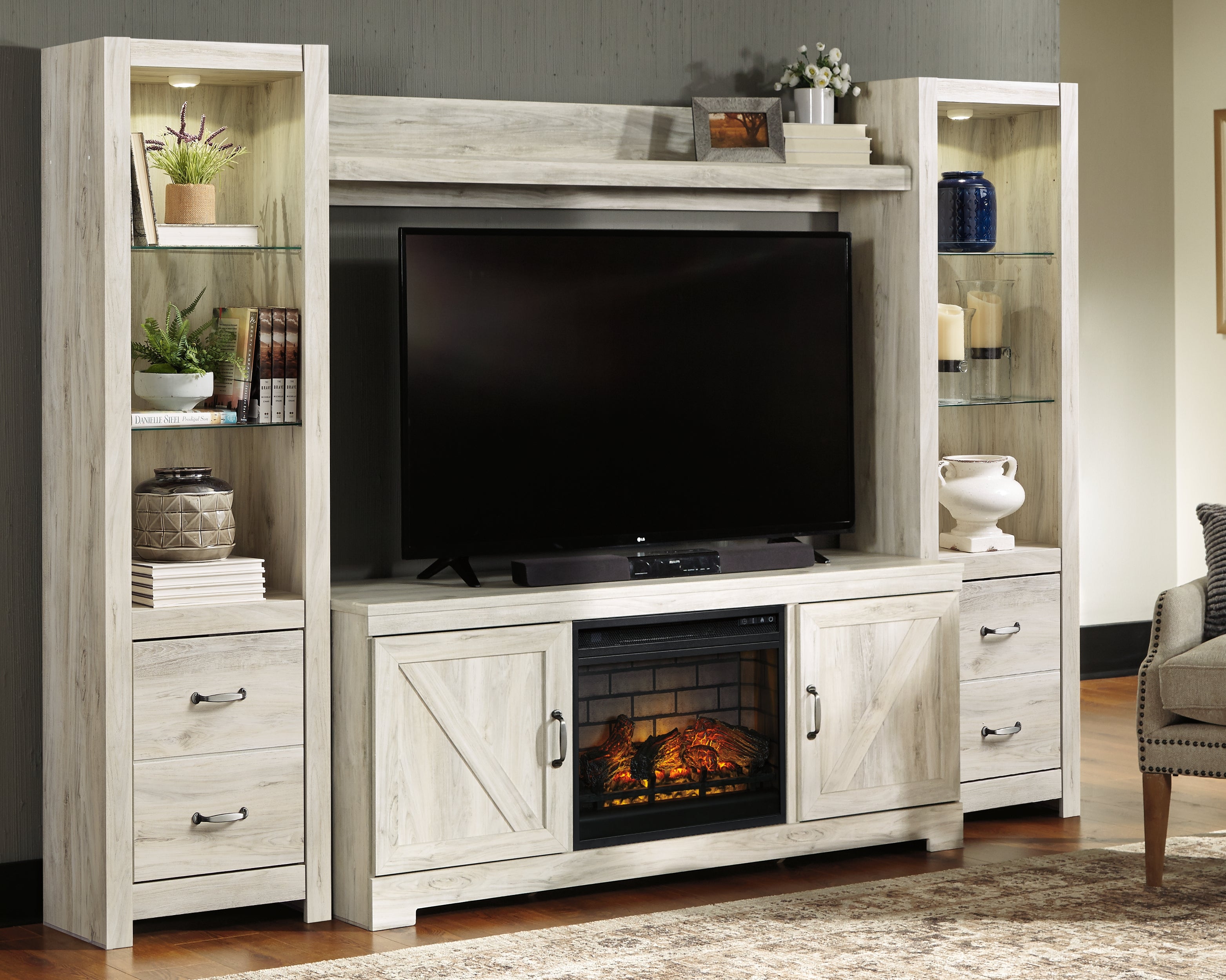 Tampa Furniture Outlet Lutz - Ashley Furniture - Bellaby 4-Piece Entertainment Center with Electric Fireplace - 4-Piece Entertainment Center with Electric Fireplace / Whitewash - W331W8