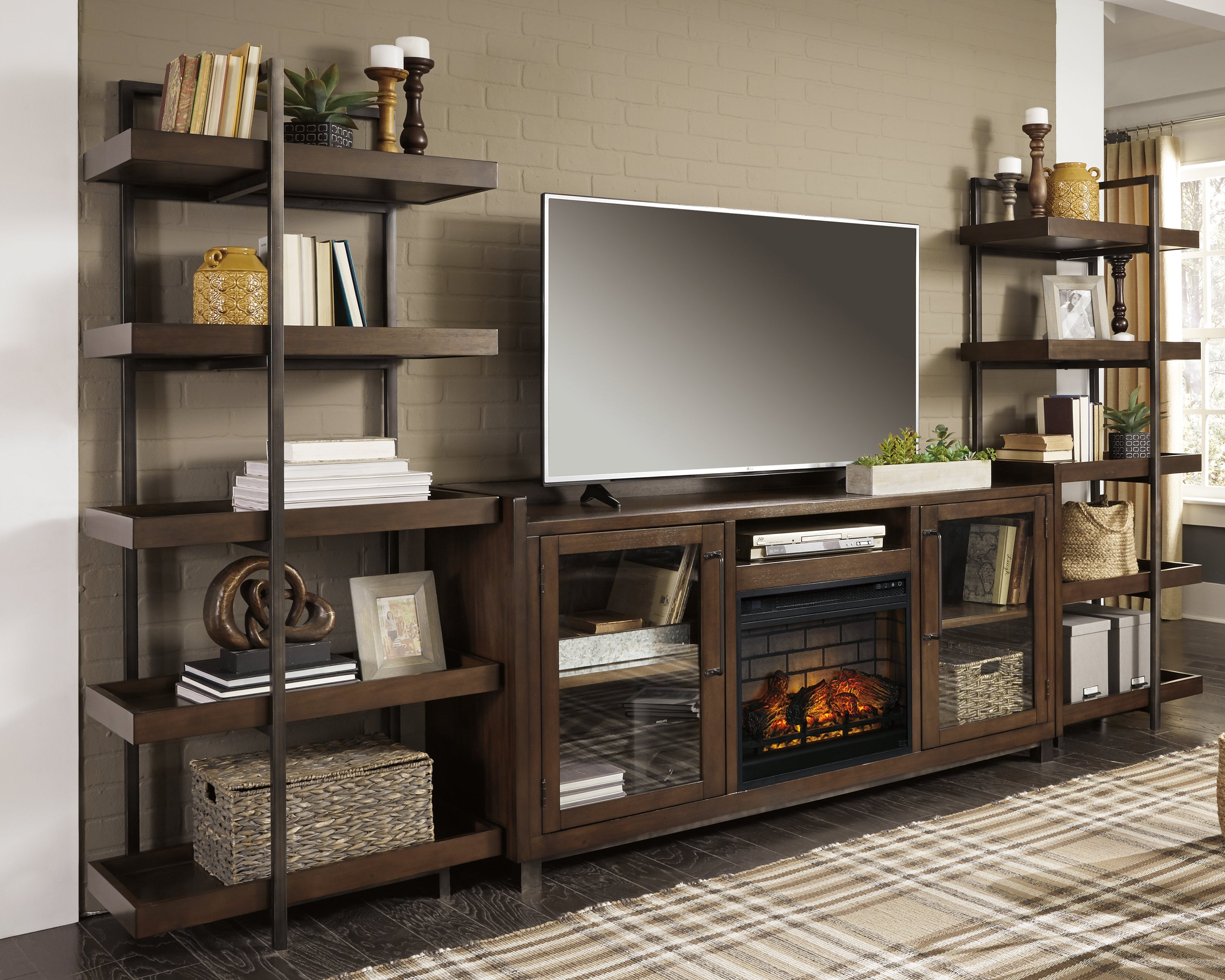 Tampa Furniture Outlet Lutz - Ashley Furniture - Starmore 3-Piece Wall Unit with Electric Fireplace - 3-Piece Wall Unit with Electric Fireplace / Brown/Gunmetal - W633W6