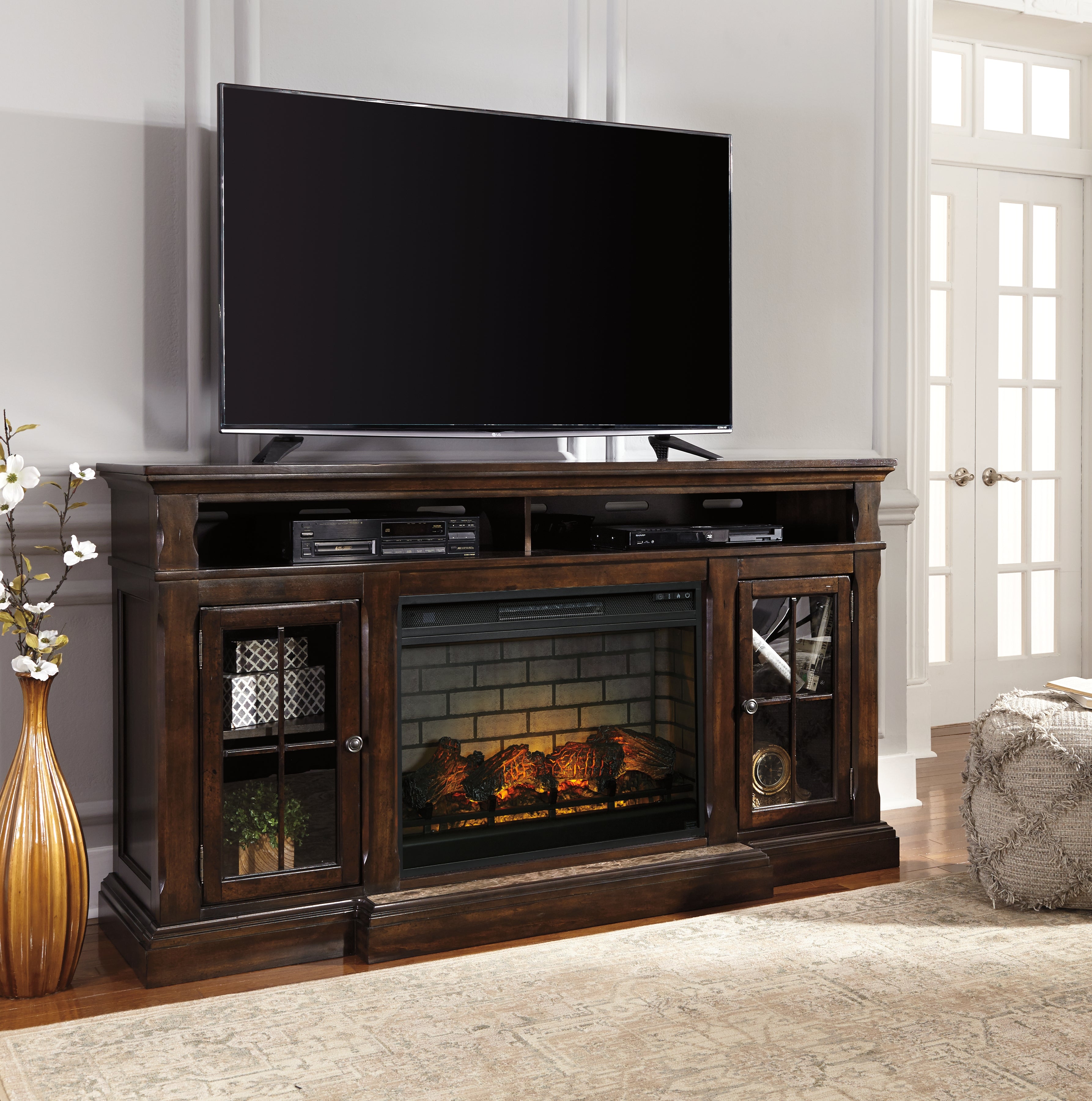 Tampa Furniture Outlet Lutz - Ashley Furniture - Roddinton 72" TV Stand with Electric Fireplace - 72" TV Stand with Electric Fireplace / Dark Brown - W701W8