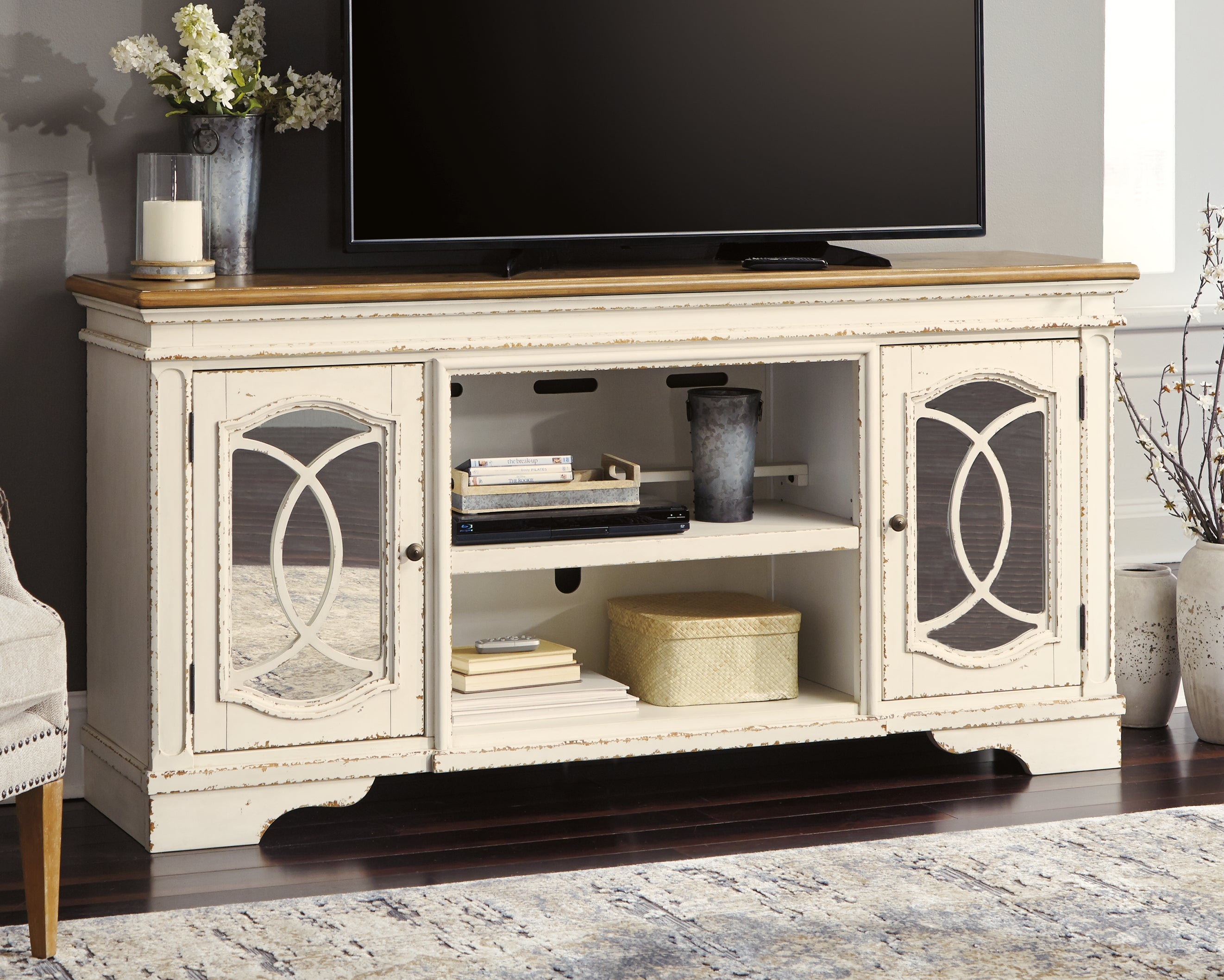 Tampa Furniture Outlet Lutz - Ashley Furniture - Realyn 74" TV Stand - 74" / Chipped White - W743-68