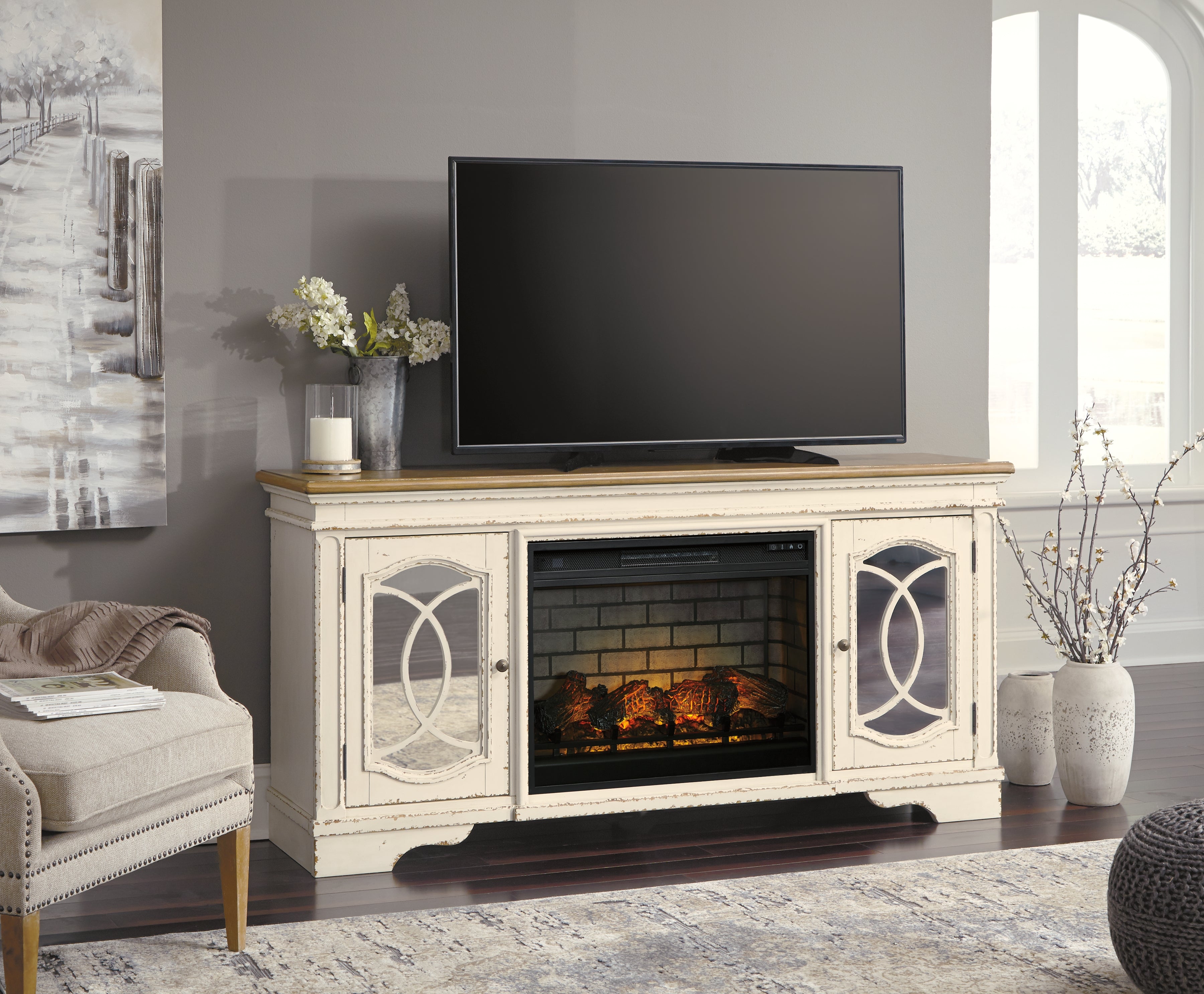Tampa Furniture Outlet Lutz - Ashley Furniture - Realyn 74" TV Stand with Electric Fireplace - 74" TV Stand with Electric Fireplace / Chipped White - W743W2