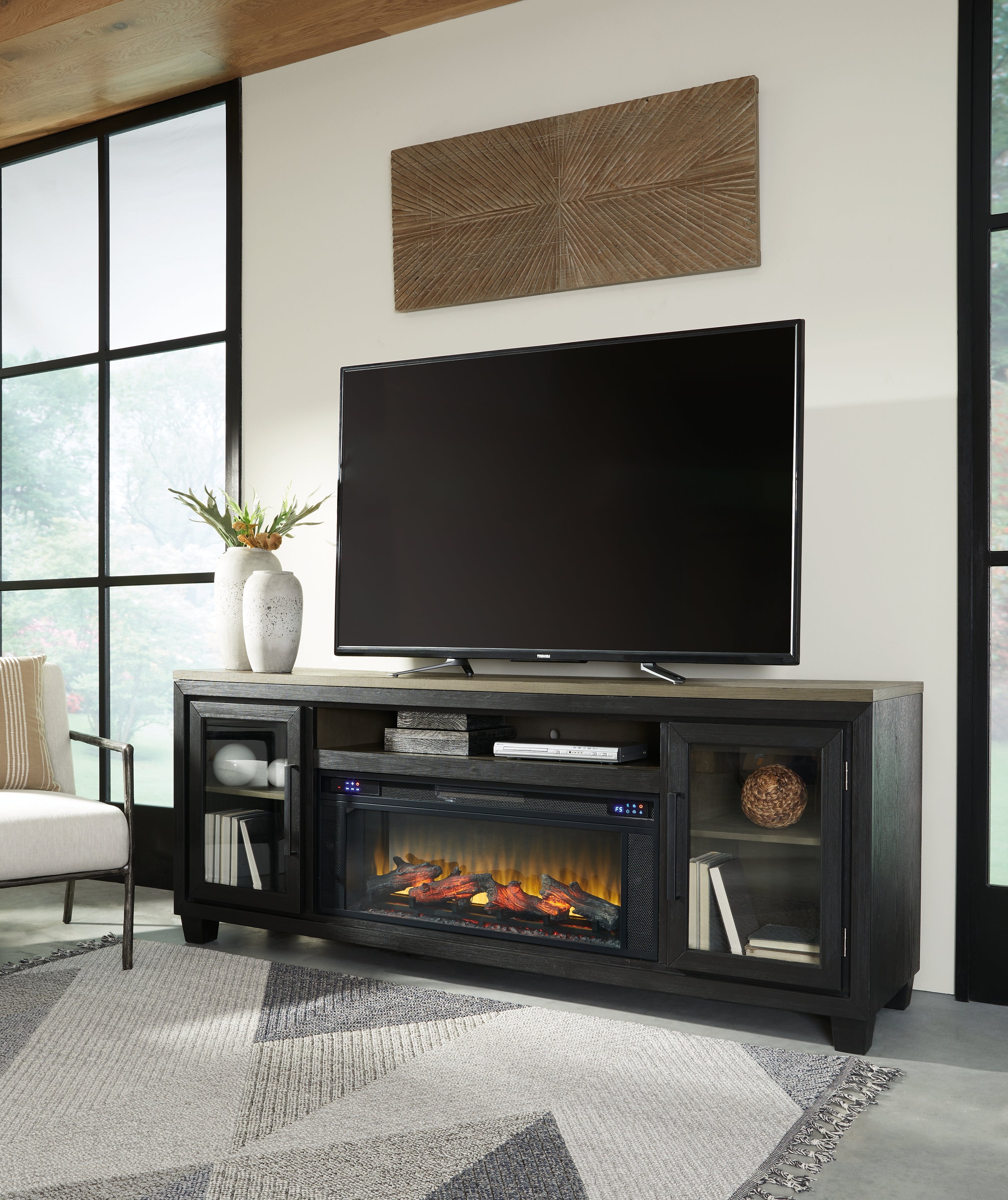 Tampa Furniture Outlet Lutz - Ashley Furniture - Foyland 83" TV Stand with Electric Fireplace - 83" TV Stand with Electric Fireplace / Black/Brown - W989W1