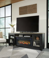 Tampa Furniture Outlet Lutz - Ashley Furniture - Foyland 83" TV Stand with Electric Fireplace - 83" TV Stand with Electric Fireplace / Black/Brown - W989W1