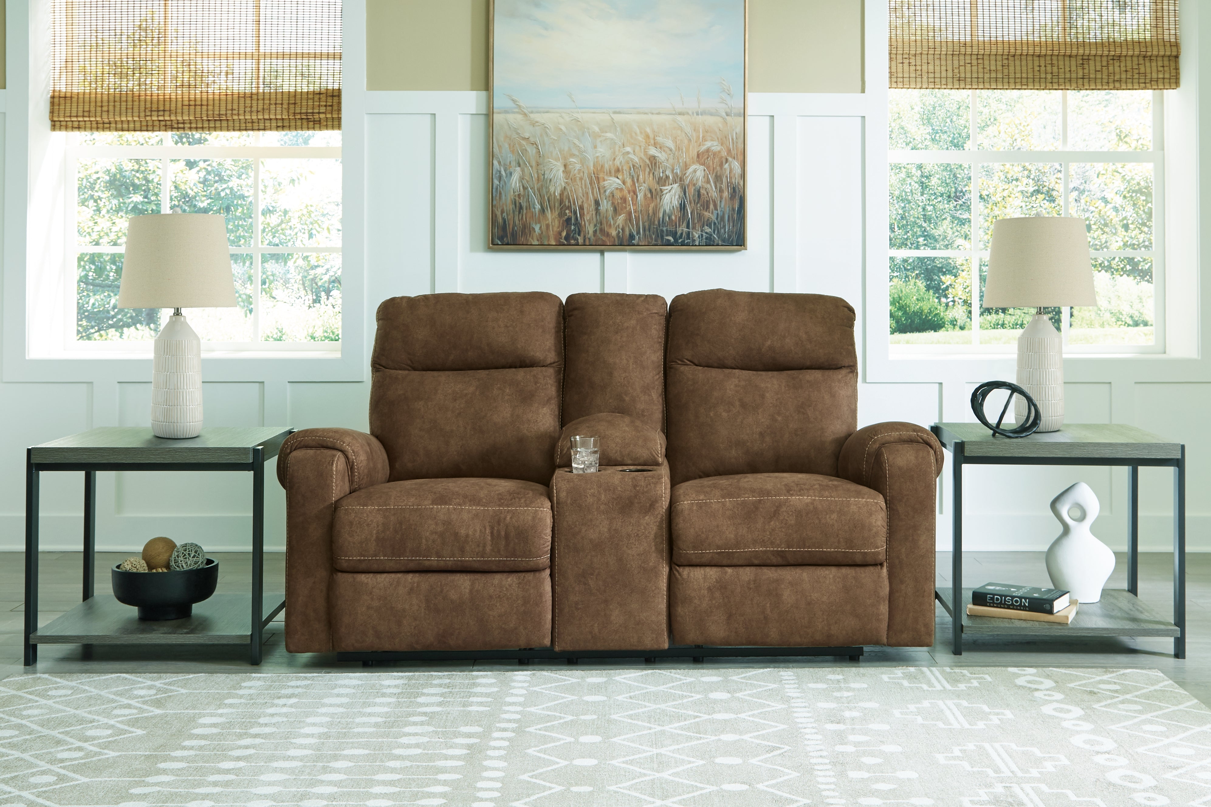 Tampa Furniture Outlet Lutz - Ashley Furniture - Edenwold Living Room - DBL Rec Loveseat w/Console / Brindle - 1380594