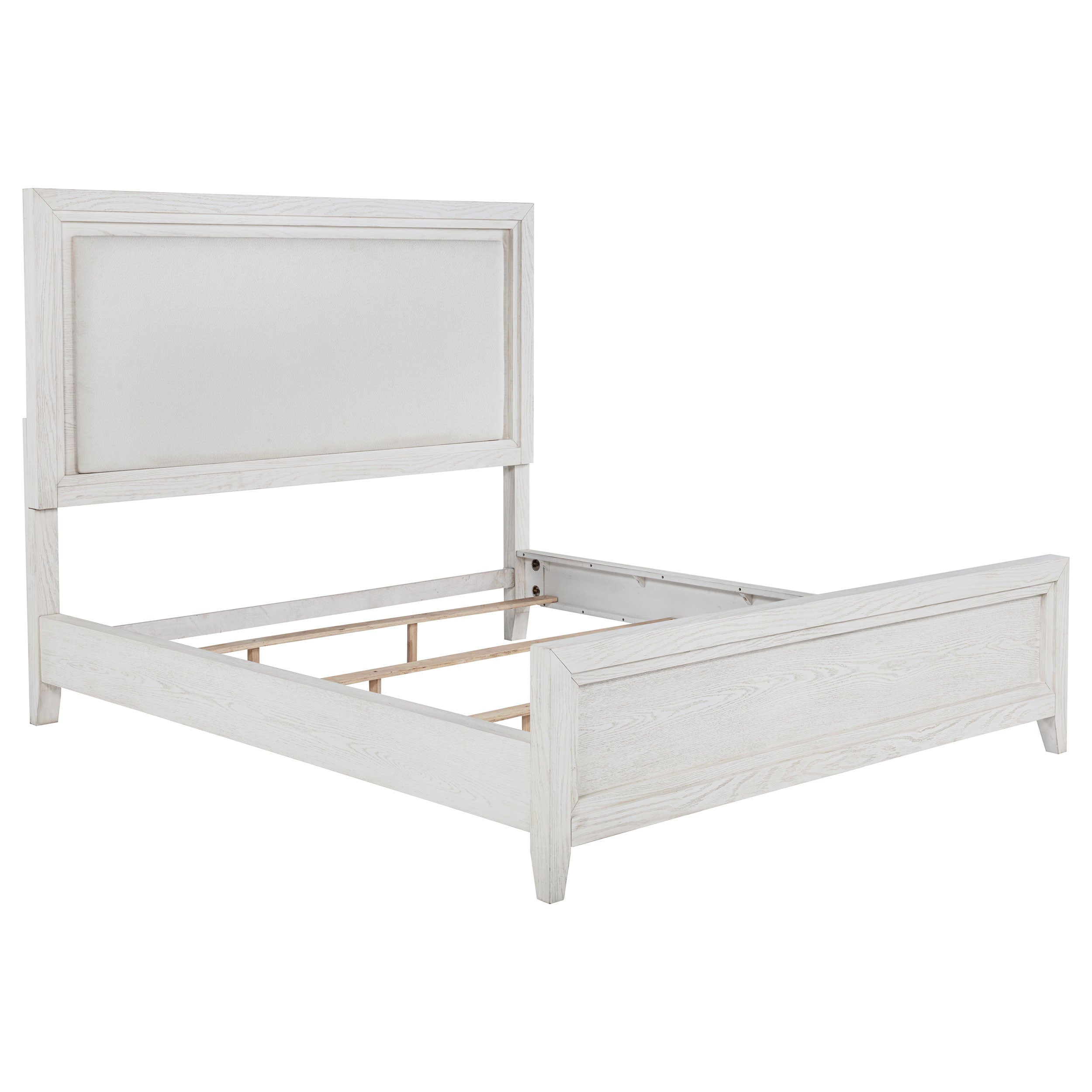 Tampa Furniture Outlet - Coaster - Marielle Eastern King Upholstered Panel Bed Distressed White  - 224841KE