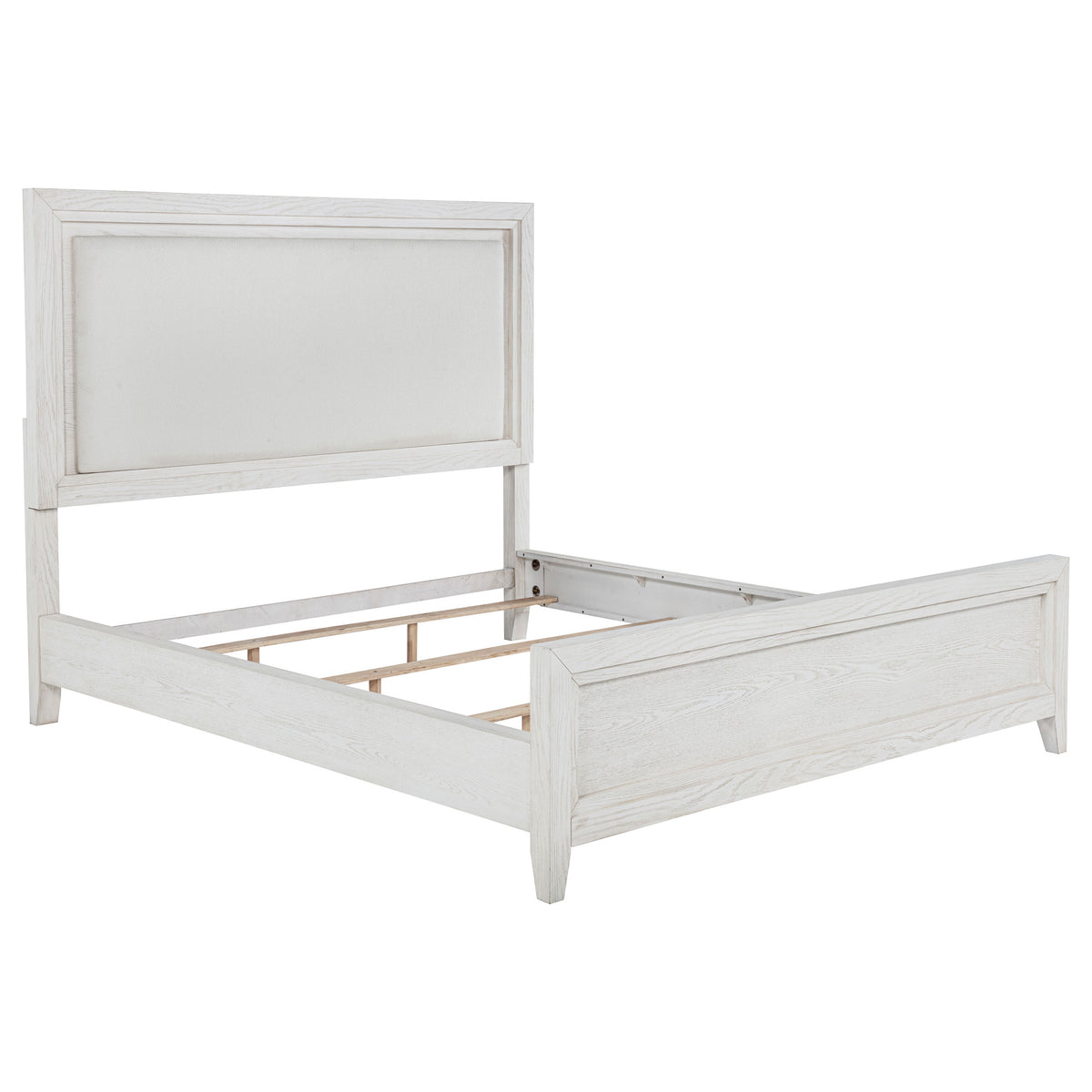 Tampa Furniture Outlet - Coaster - Marielle Eastern King Upholstered Panel Bed Distressed White  - 224841KE