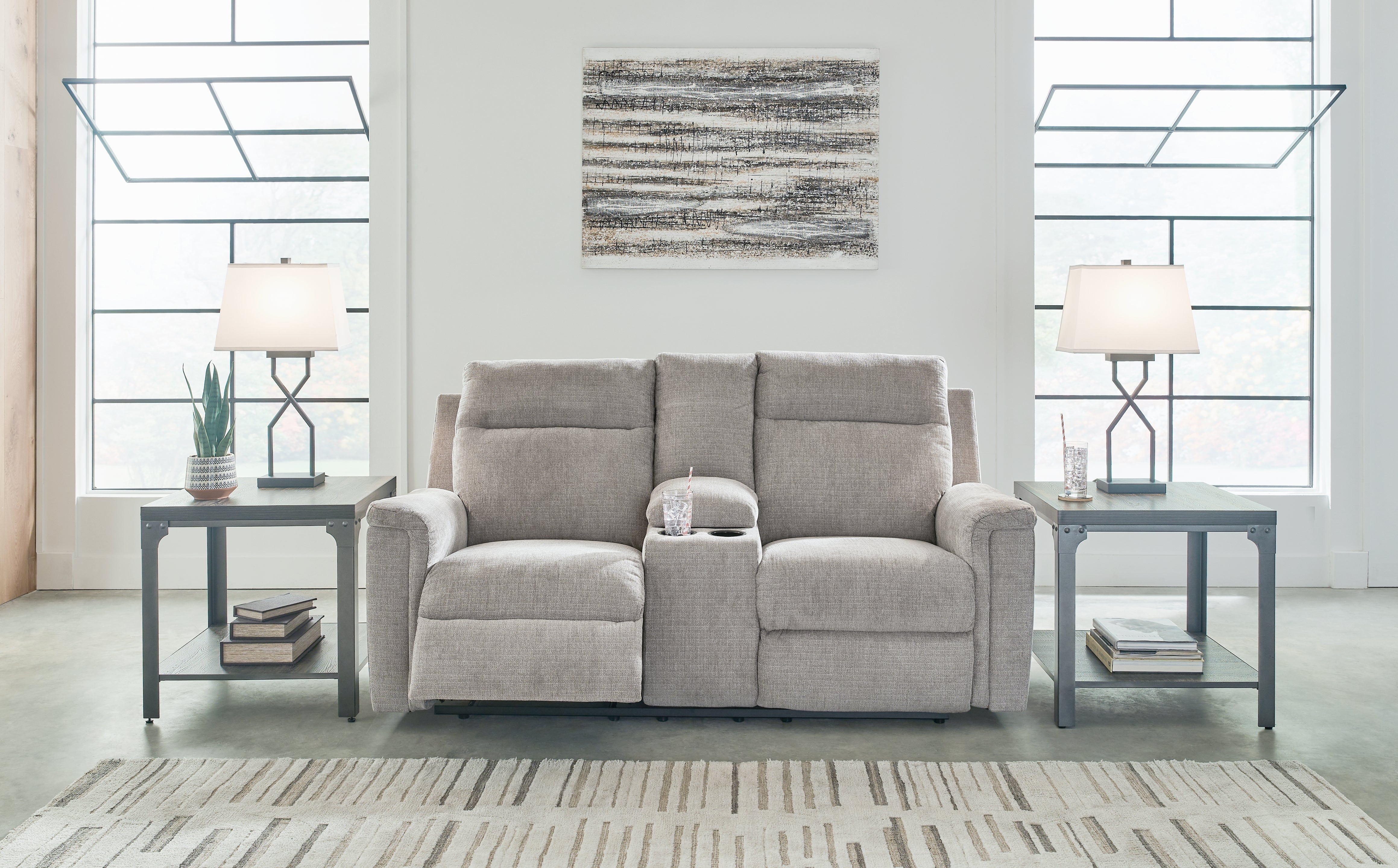 Tampa Furniture Outlet Lutz - Ashley Furniture - Barnsana Living Room - DBL REC PWR Loveseat w/Console / Ash - 3320196