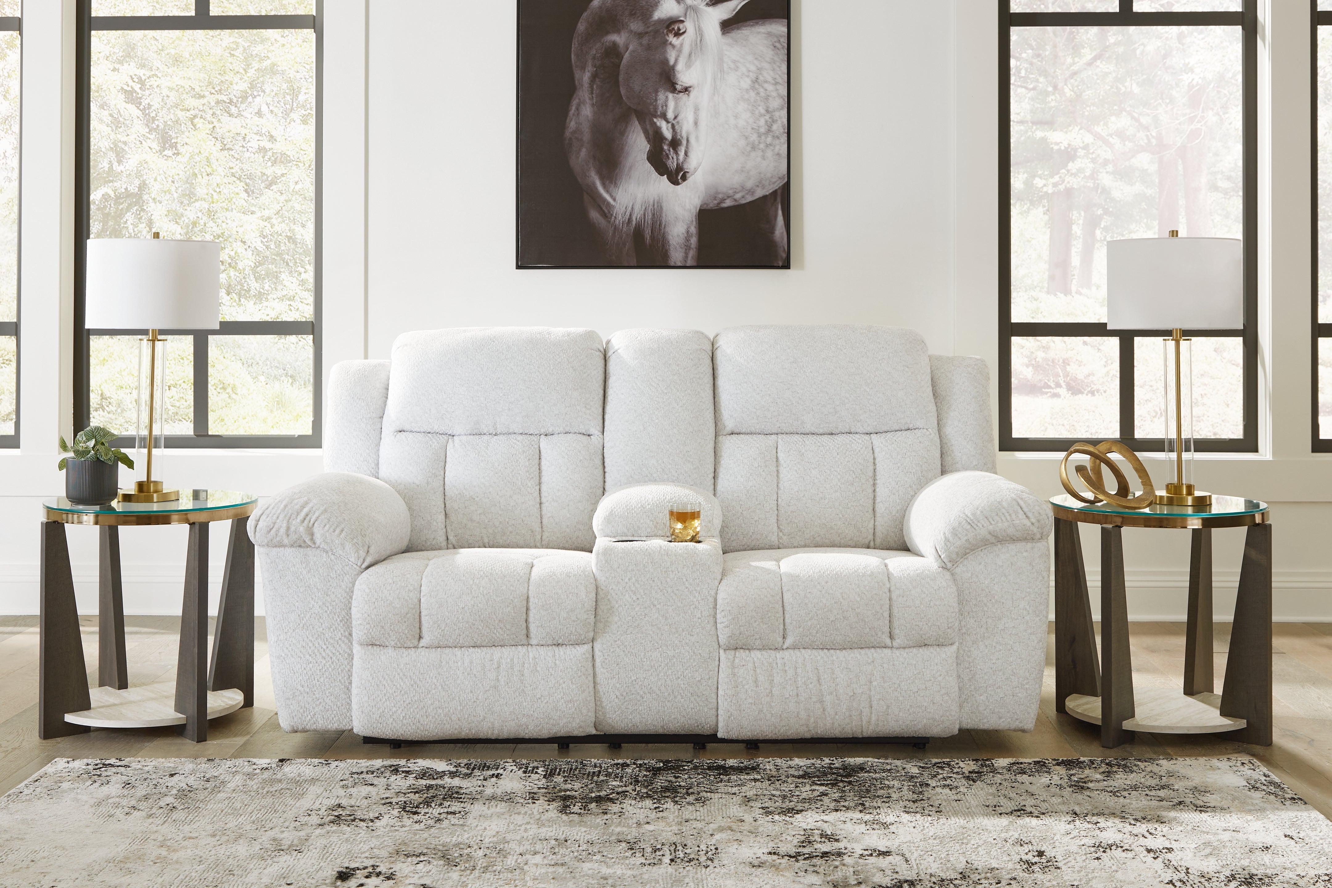 Tampa Furniture Outlet Lutz - Ashley Furniture - Frohn Living Room - DBL Rec Loveseat w/Console / Snow - 3740594