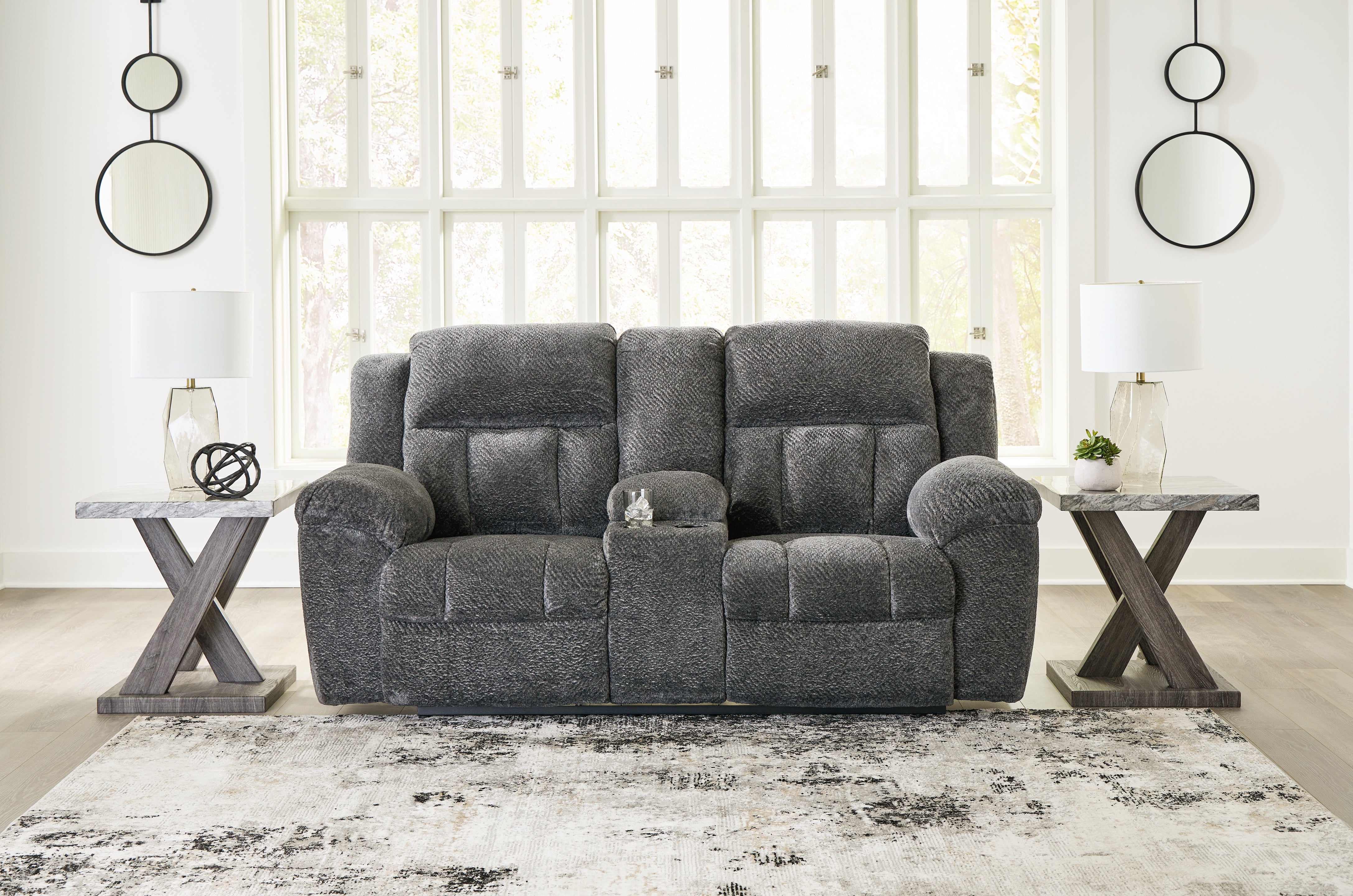 Tampa Furniture Outlet Lutz - Ashley Furniture - Frohn Living Room - DBL Rec Loveseat w/Console / Graphite - 3740694