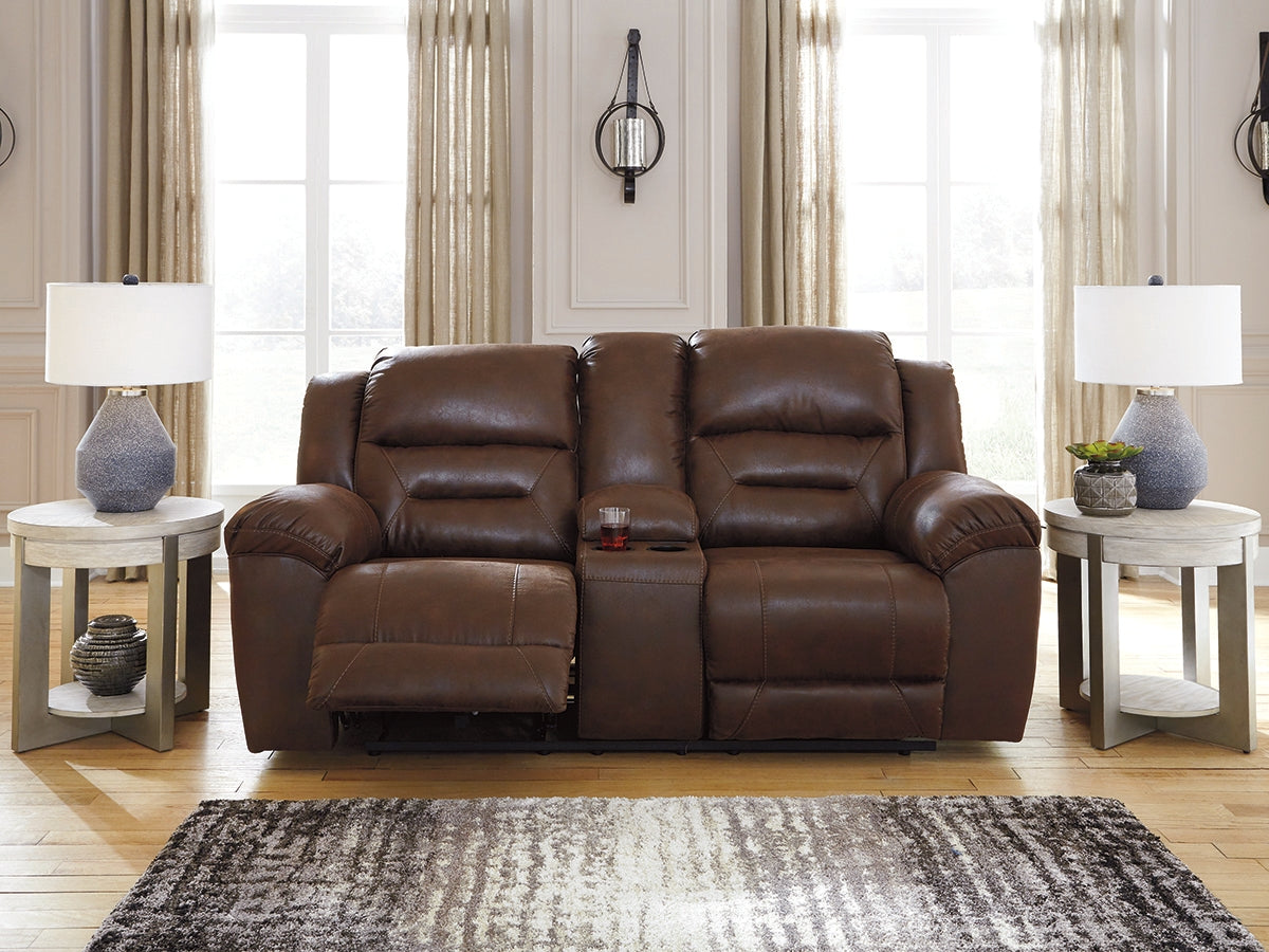 Tampa Furniture Outlet Lutz - Ashley Furniture - Stoneland Living Room - DBL REC PWR Loveseat w/Console / Chocolate - 3990496