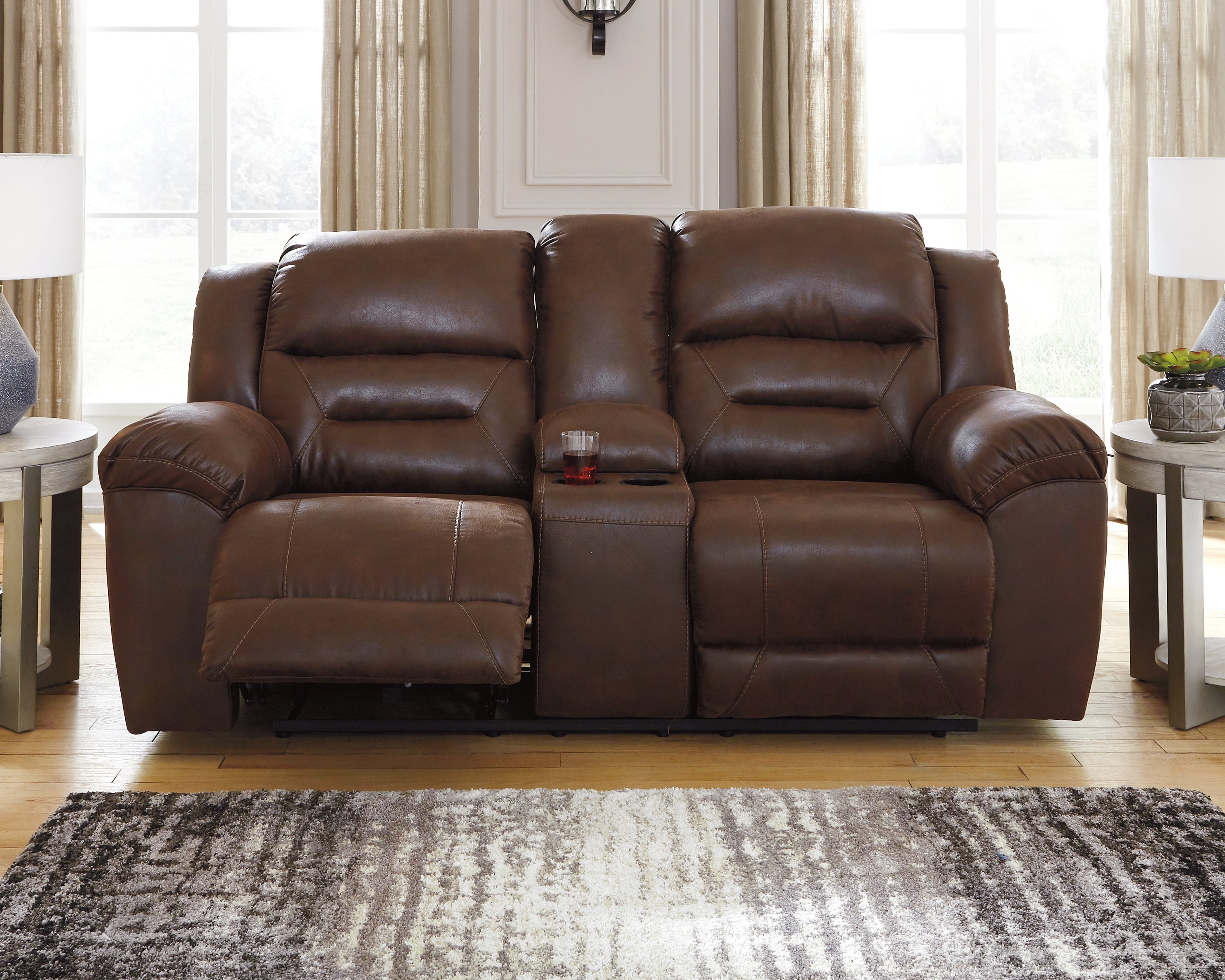 Tampa Furniture Outlet Lutz - Ashley Furniture - Stoneland Living Room - DBL Rec Loveseat w/Console / Chocolate - 3990494