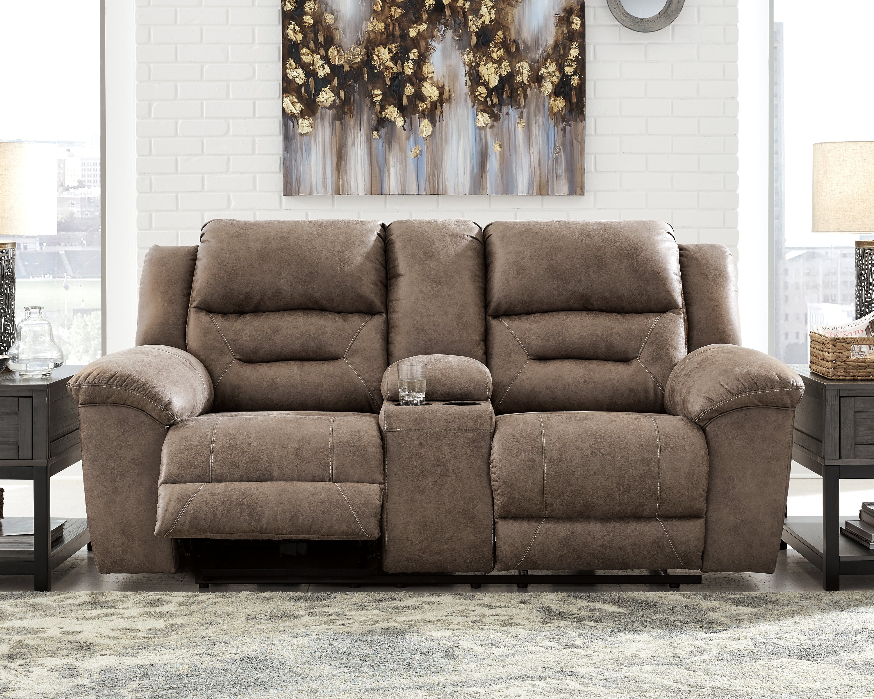 Tampa Furniture Outlet Lutz - Ashley Furniture - Stoneland Living Room - DBL Rec Loveseat w/Console / Fossil - 3990594