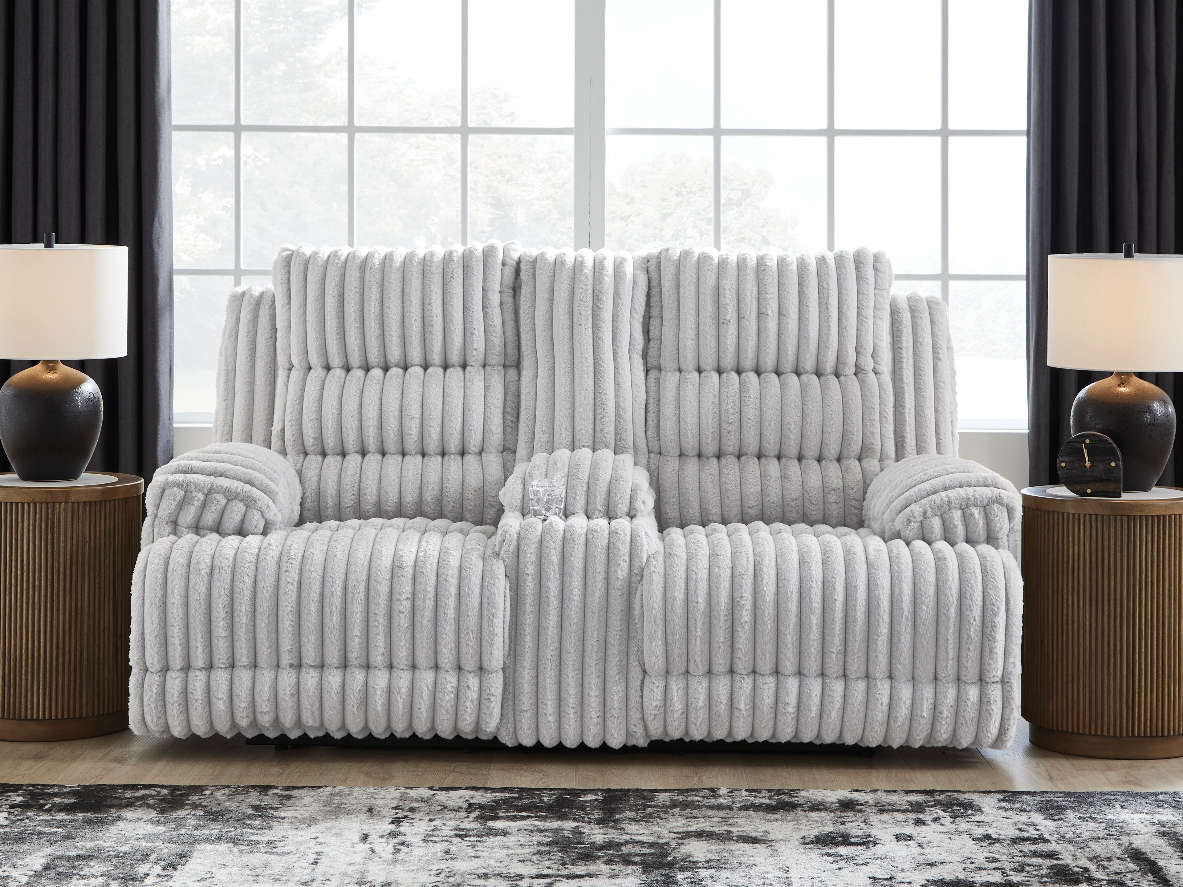Tampa Furniture Outlet Lutz - Ashley Furniture - Rhines Falls Living Room - DBL REC PWR Loveseat w/Console / Alloy - PC4280496