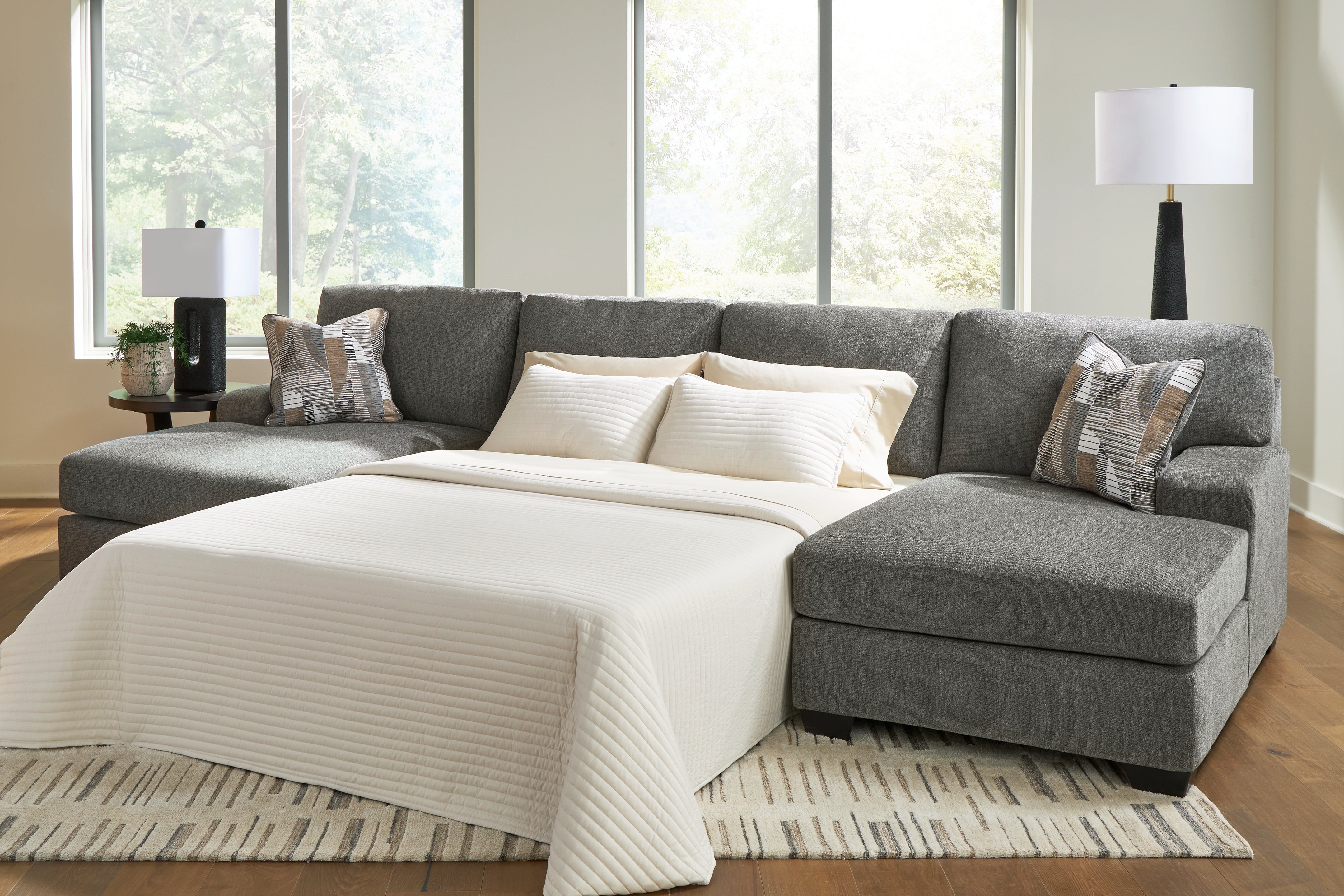 Tampa Furniture Outlet Lutz - Ashley Furniture - Revenna Sectional - RAF 3-Piece Sleeper Sectional with Double Chaise / Greystone - PC48405S7