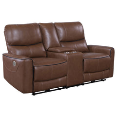 Tampa Furniture Outlet - Coaster - Greenfield Upholstered Power Reclining Loveseat Saddle Brown - 610265P