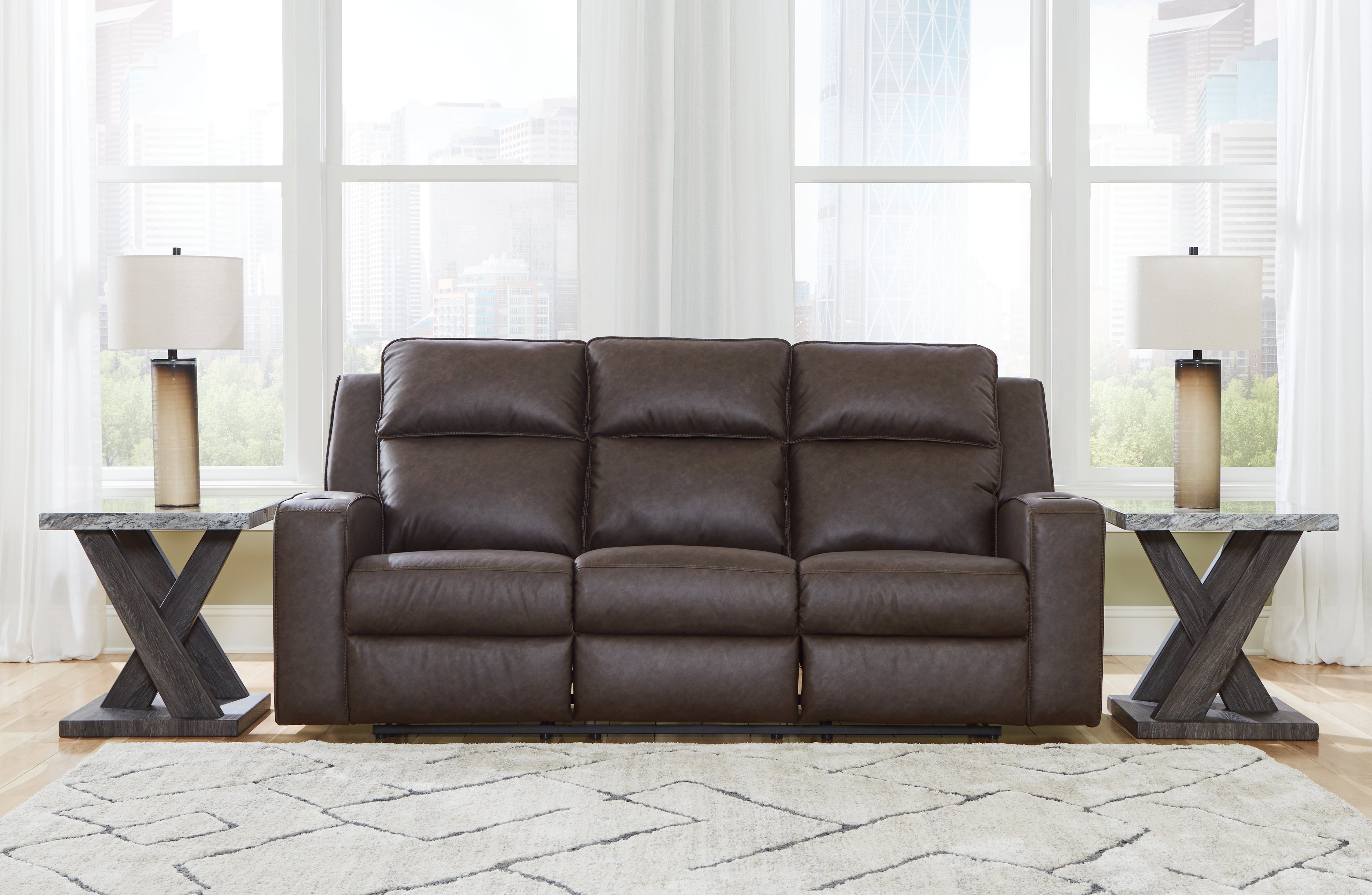 Tampa Furniture Outlet Lutz - Ashley Furniture - Lavenhorne Living Room - REC Sofa w/Drop Down Table / Umber - 6330689