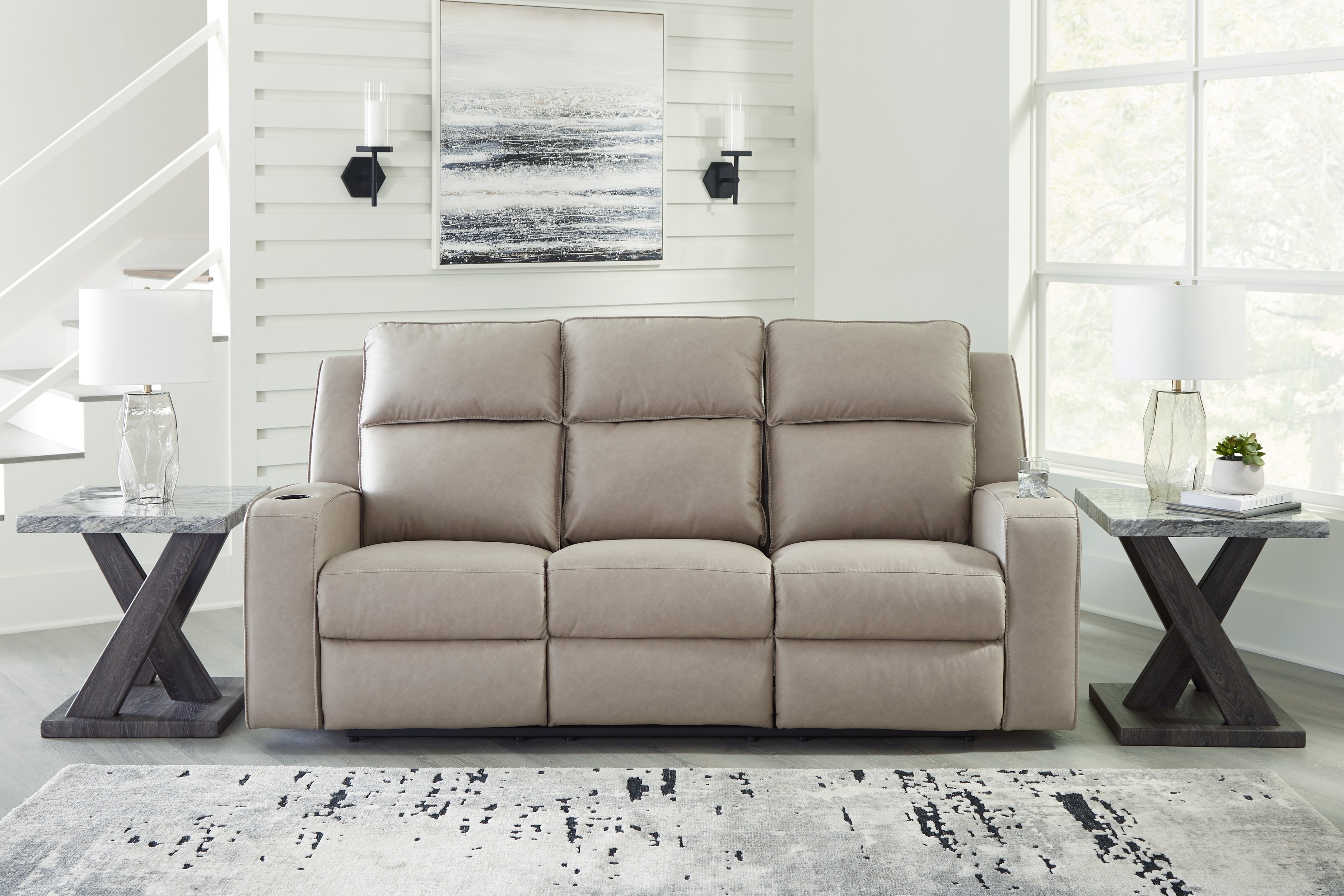 Tampa Furniture Outlet Lutz - Ashley Furniture - Lavenhorne Living Room - REC Sofa w/Drop Down Table / Pebble - 6330789