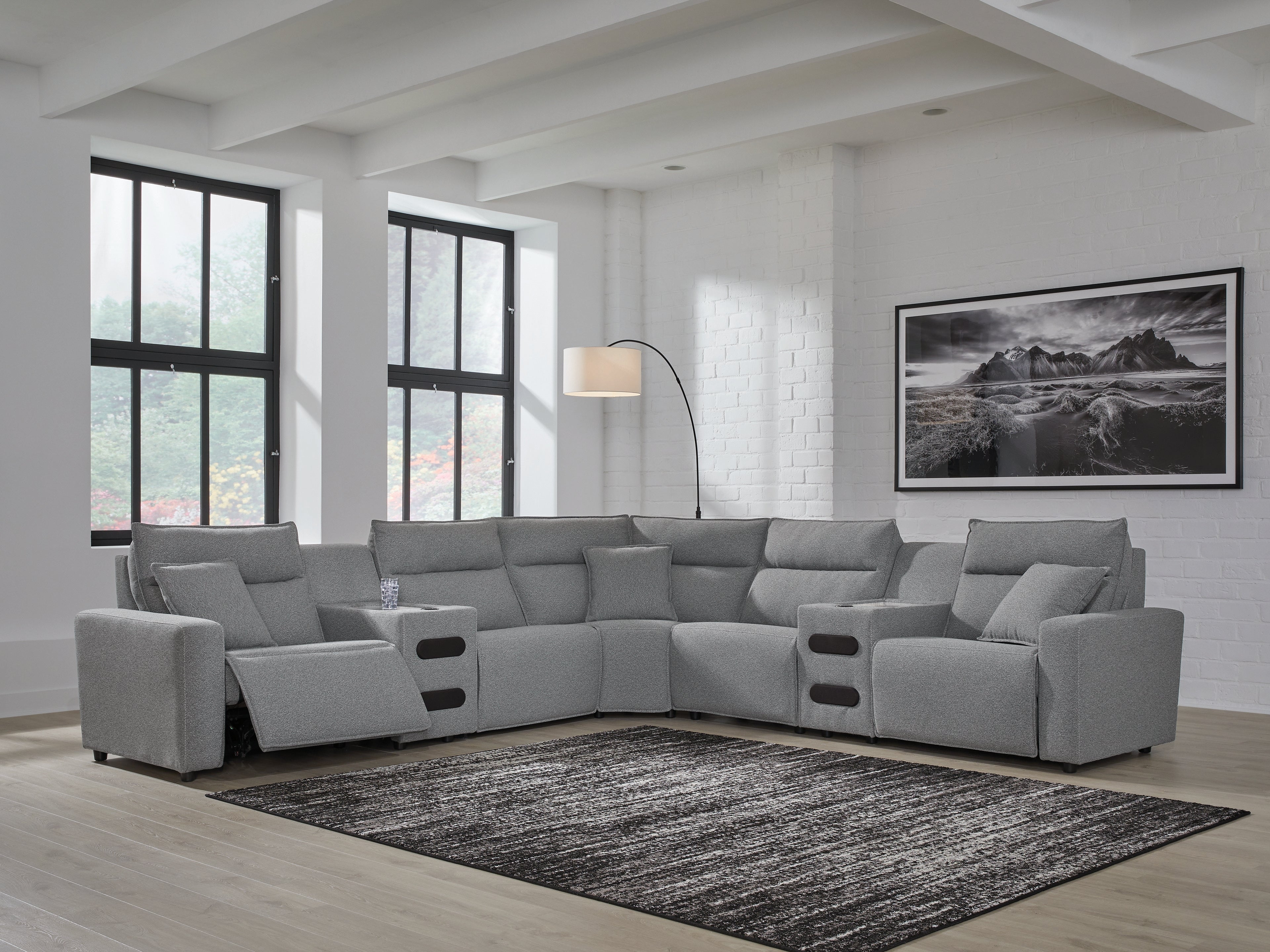 Tampa Furniture Outlet Lutz - Ashley Furniture - ModMax II Sectional - 7-Piece Power Reclining Sectional with Audio Consoles / Salt and Pepper - 65906S9
